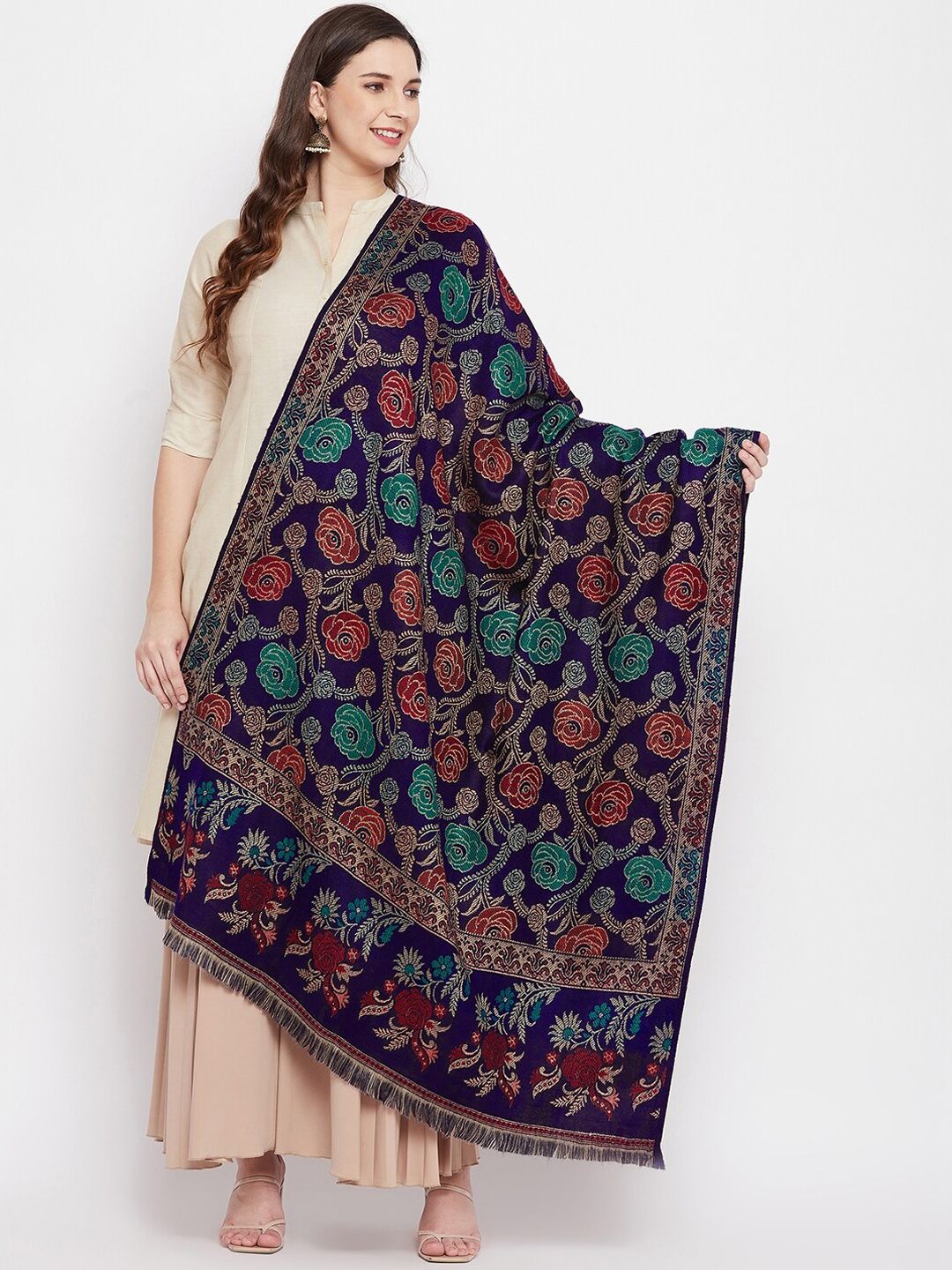 VERO AMORE Women Navy Blue & Green Embroidered Shawl Price in India