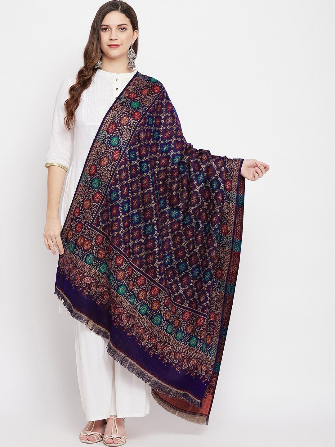 VERO AMORE Women Navy Blue & Red Woven Design Shawl Price in India