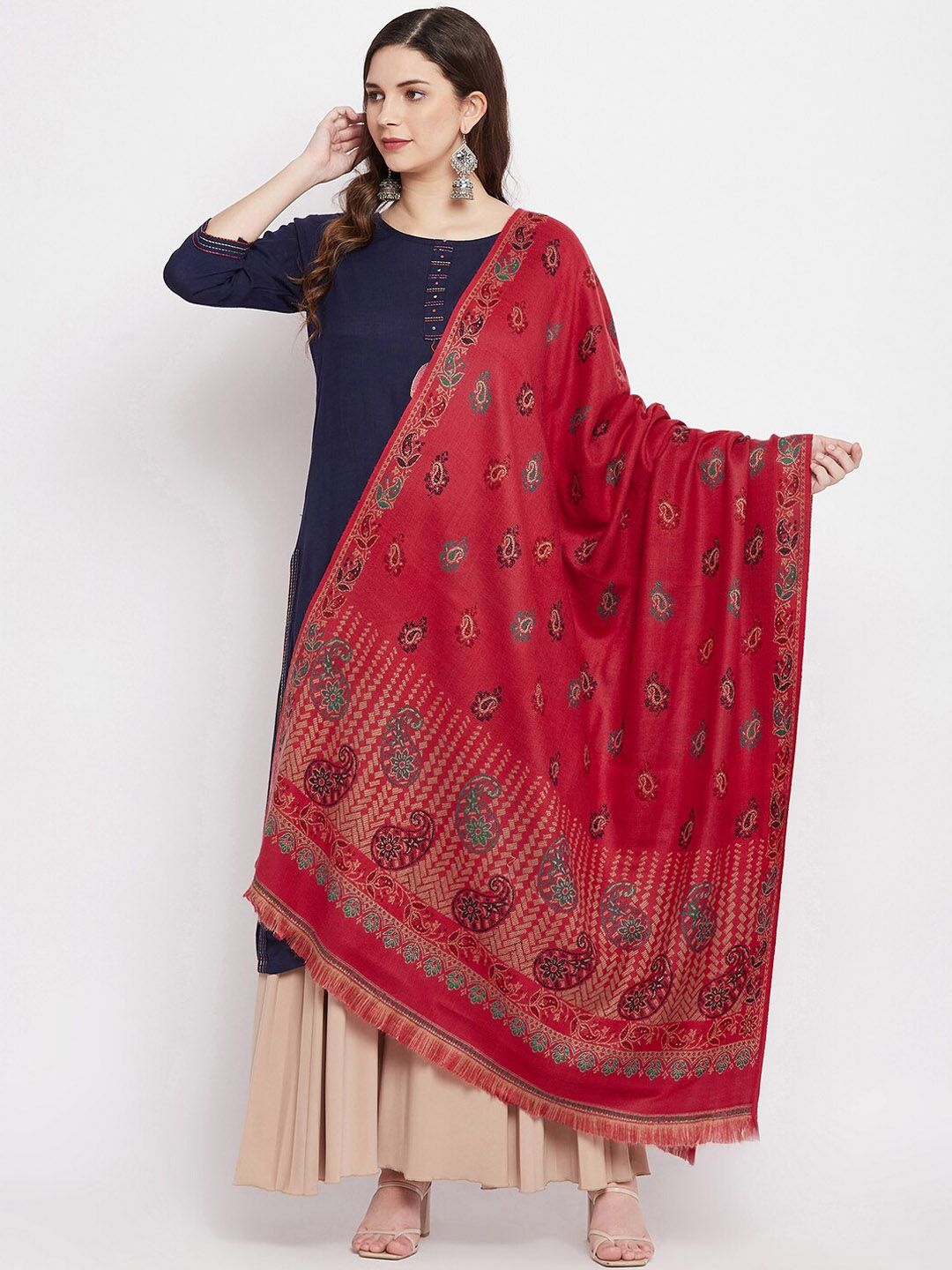 VERO AMORE Women Pink & Beige Woven Design Shawl Price in India