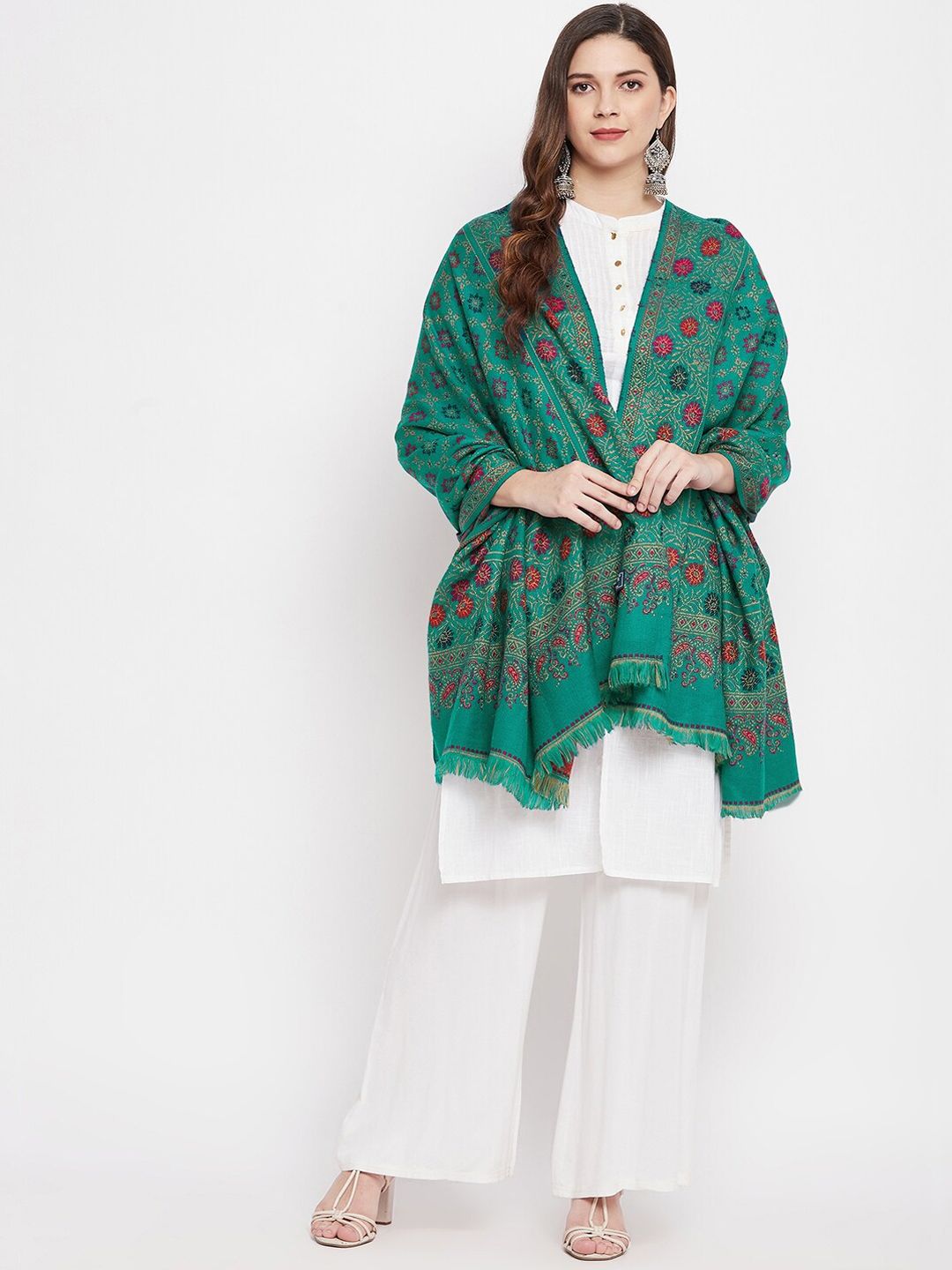 VERO AMORE Women Green & Red Embroidered Shawl Price in India