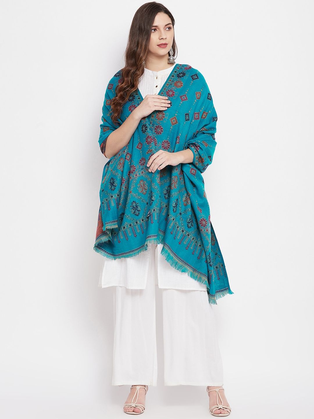 VERO AMORE Women Blue & Beige Woven Design Shawl Price in India