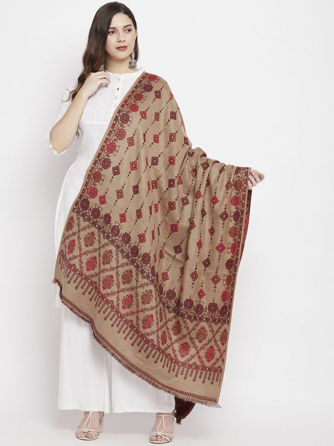 VERO AMORE Women Beige & Red Woven Design Shawl Price in India