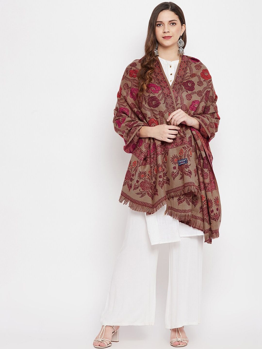 VERO AMORE Women Beige & Red Woven Design Shawl Price in India