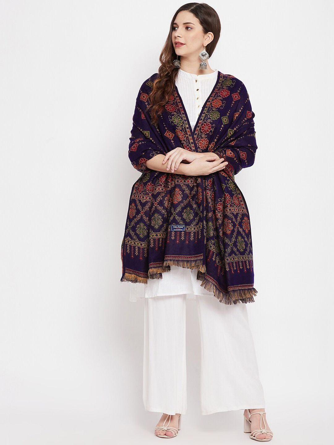 VERO AMORE Women Navy Blue & Red Woven Design Shawl Price in India