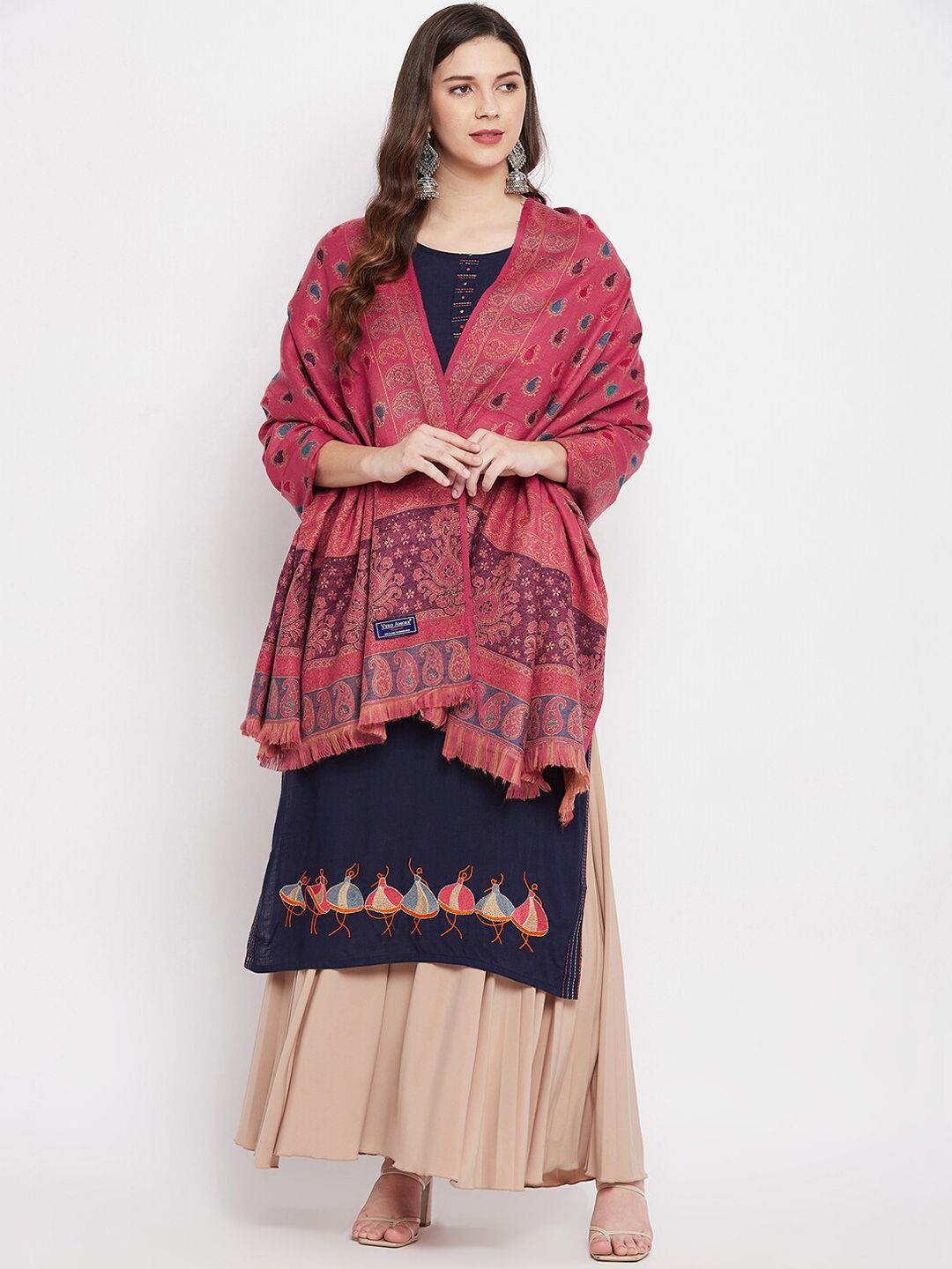 VERO AMORE Woman Pink & Green Woven Design Shawl Price in India