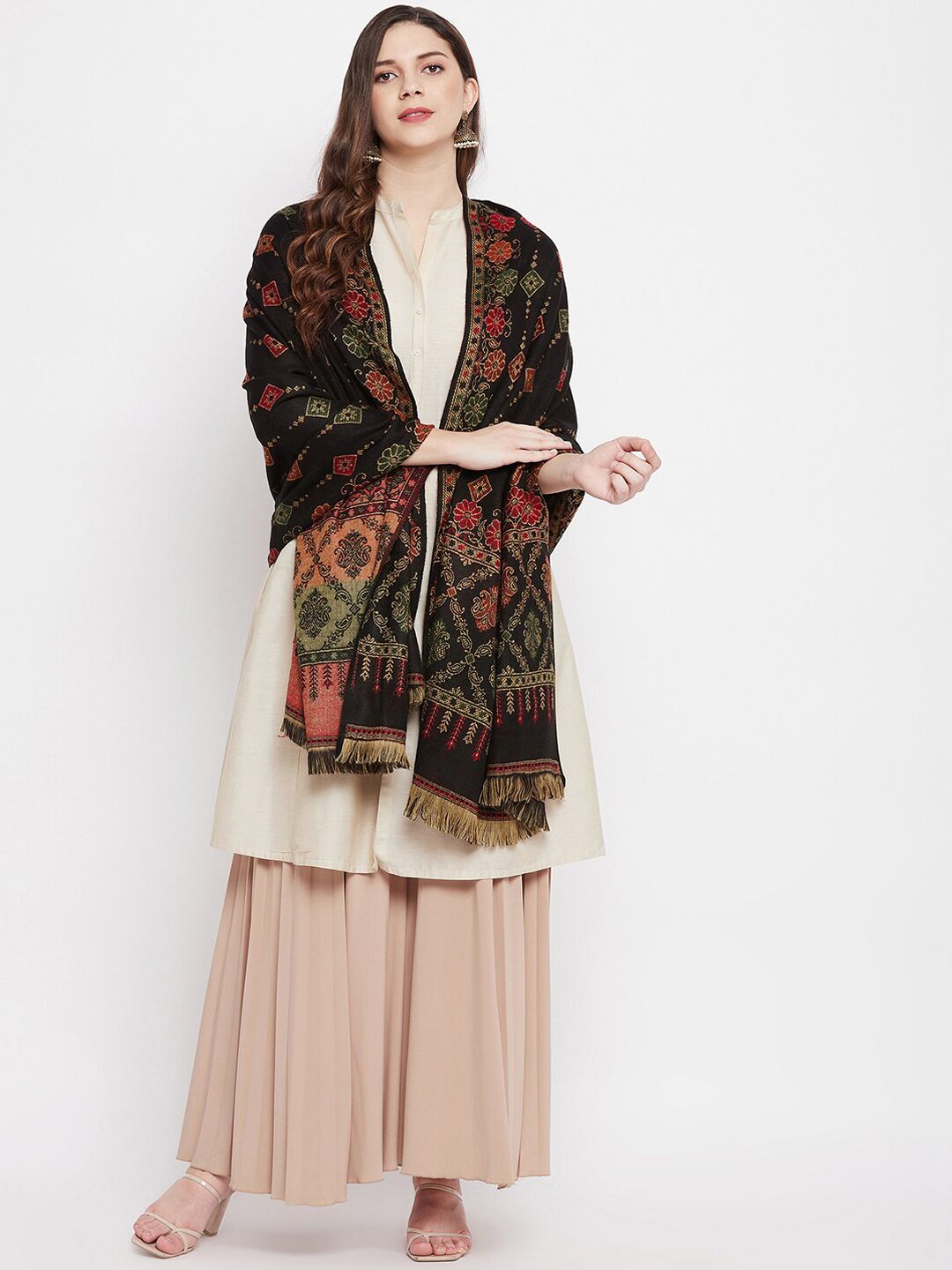 VERO AMORE Women Black & Red Woven Design Shawl Price in India