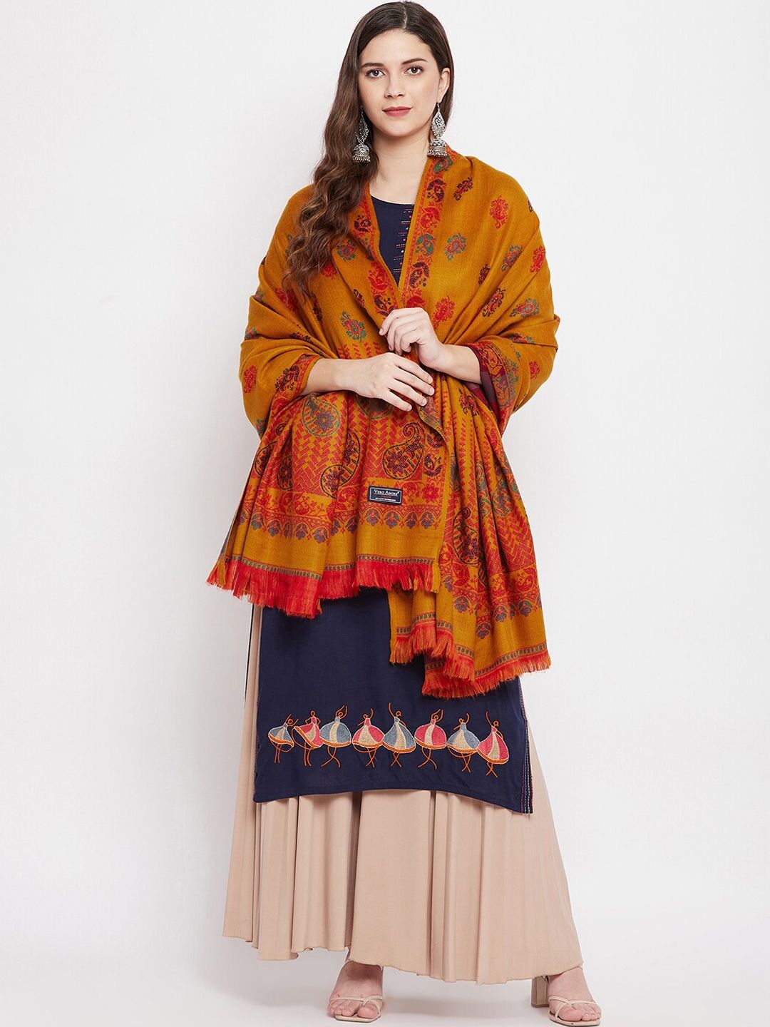 VERO AMORE Women Mustard Yellow & Red Woven Design Shawl Price in India