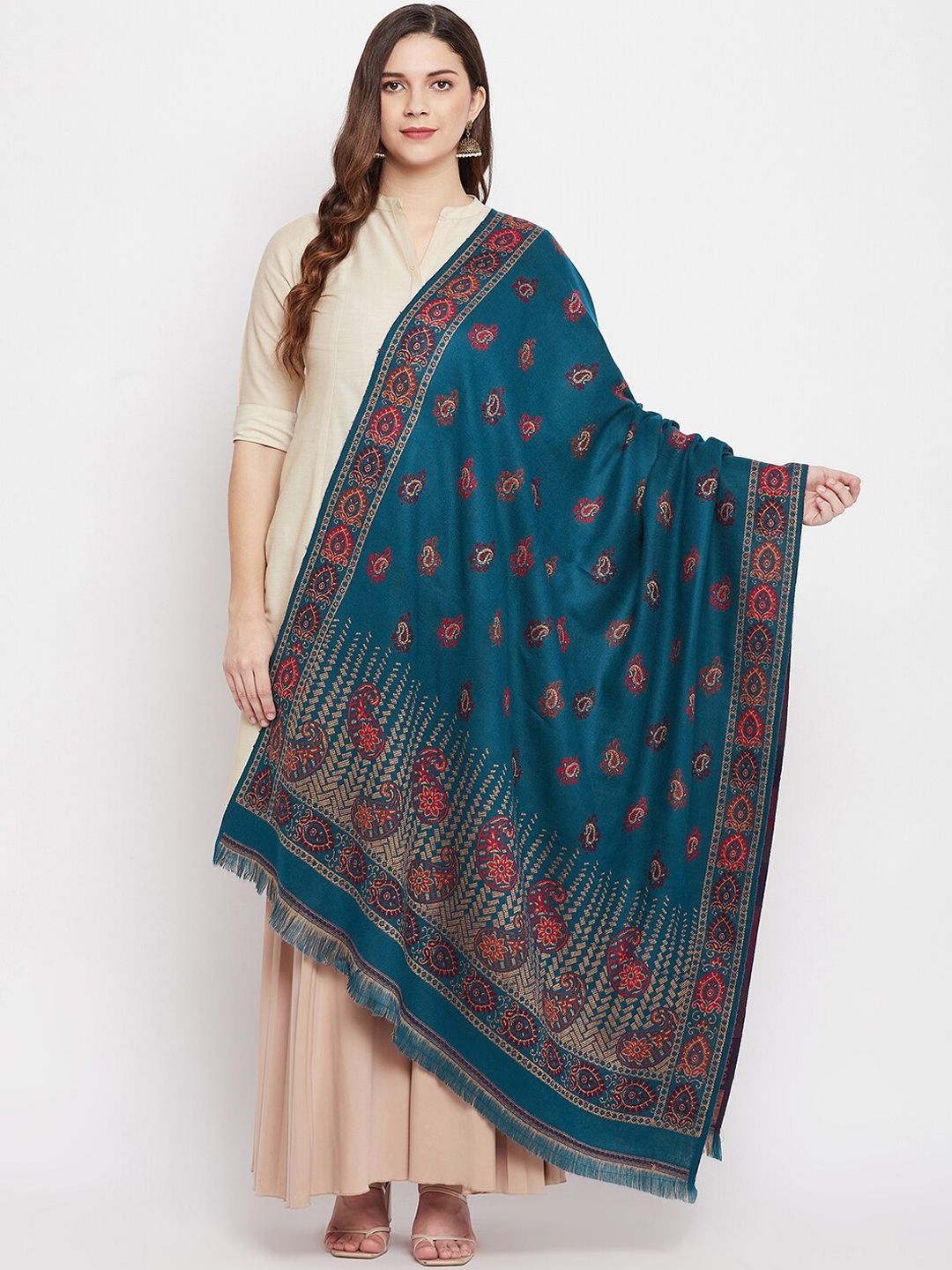 VERO AMORE Women Blue & Red Woven Design Shawl Price in India