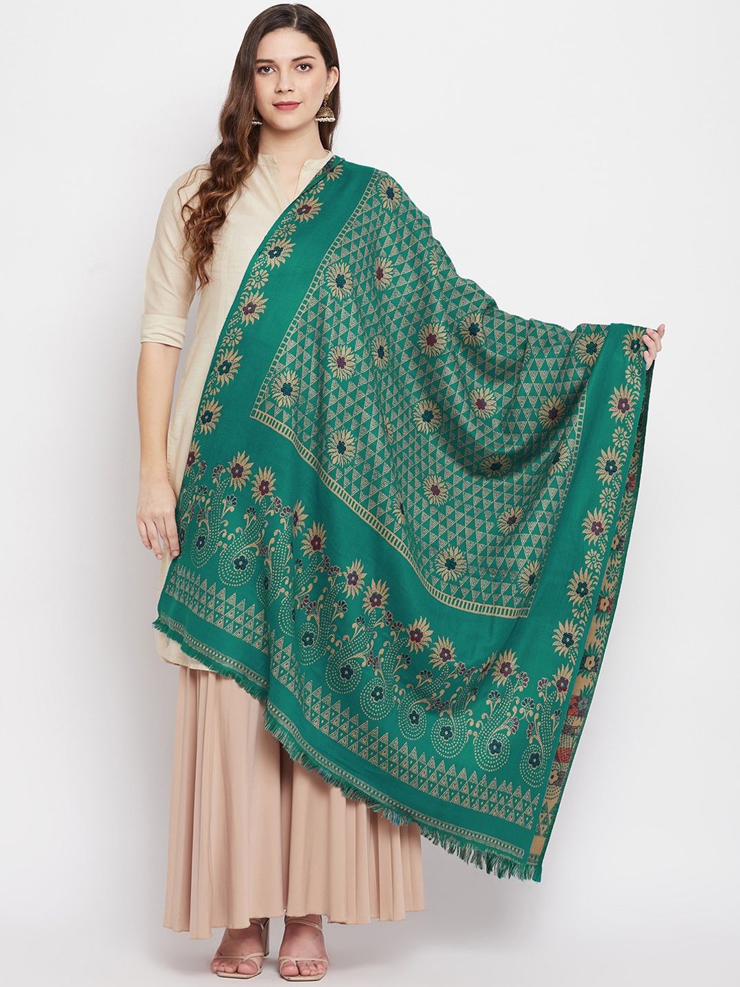 VERO AMORE Women Green & Beige Floral Woven Design Shawl Price in India