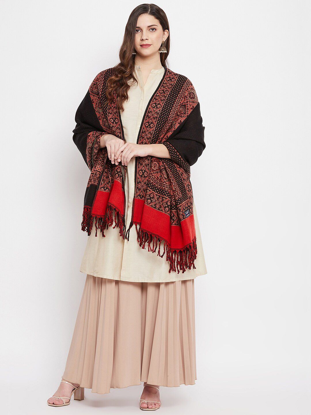 VERO AMORE Women Black & Red Woven Design Shawl Price in India