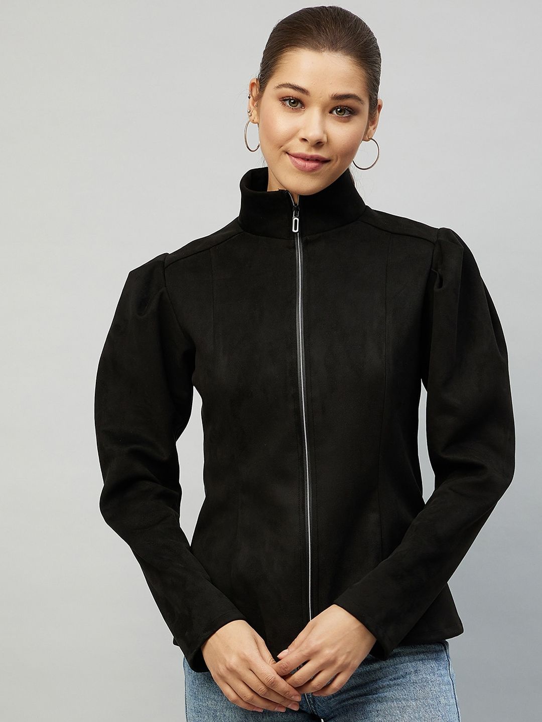 Carlton London Women Black Solid Mock Collar Tailored Jacket Price in India