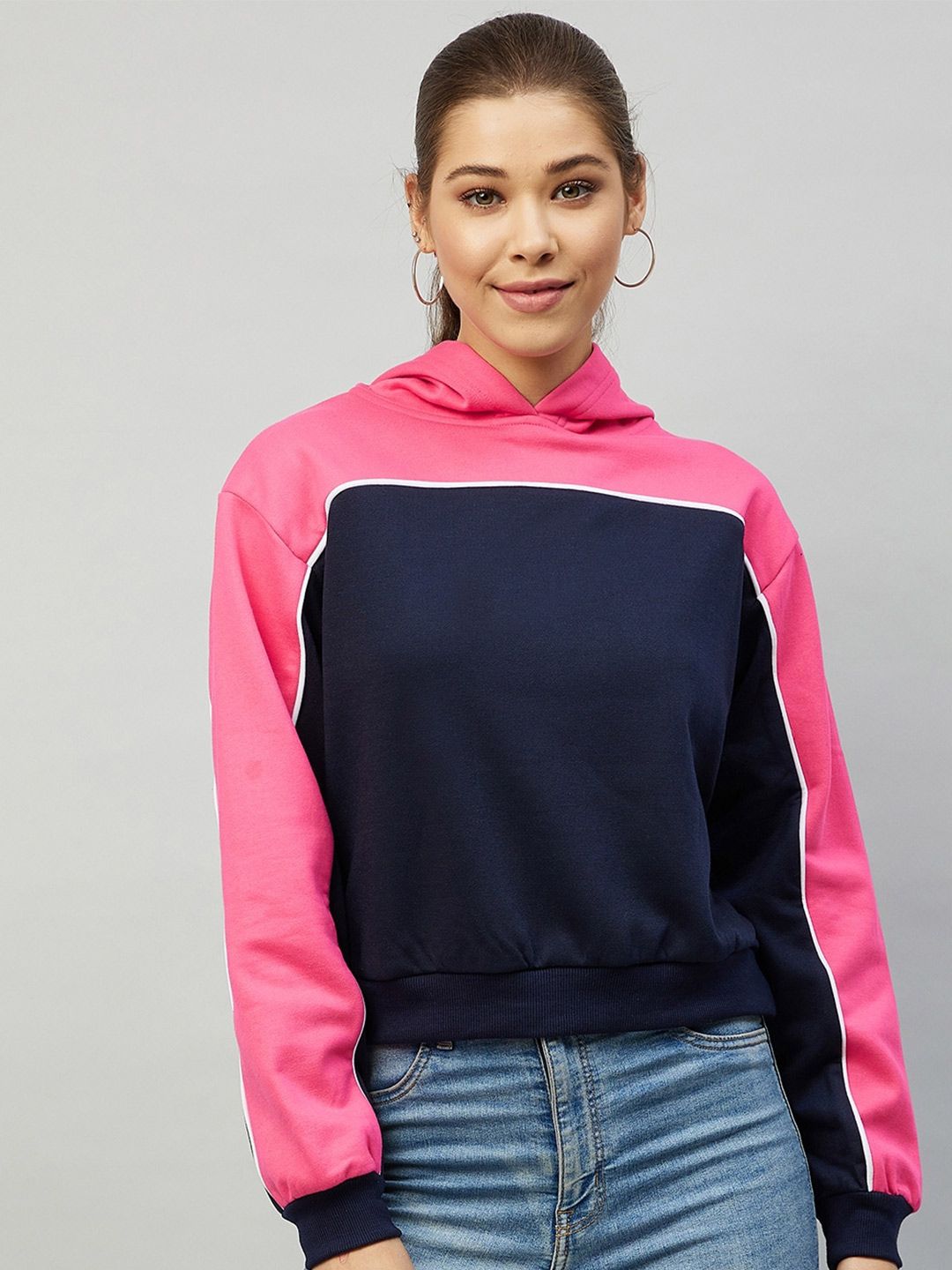 Marie Claire Women Navy Blue & Pink Colourblocked Hooded Fleece Sweatshirt Price in India