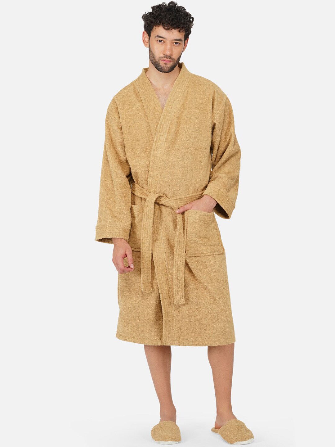RANGOLI Unisex Beige Pure Cotton 400 GSM Large Bath Robe with Slippers Price in India