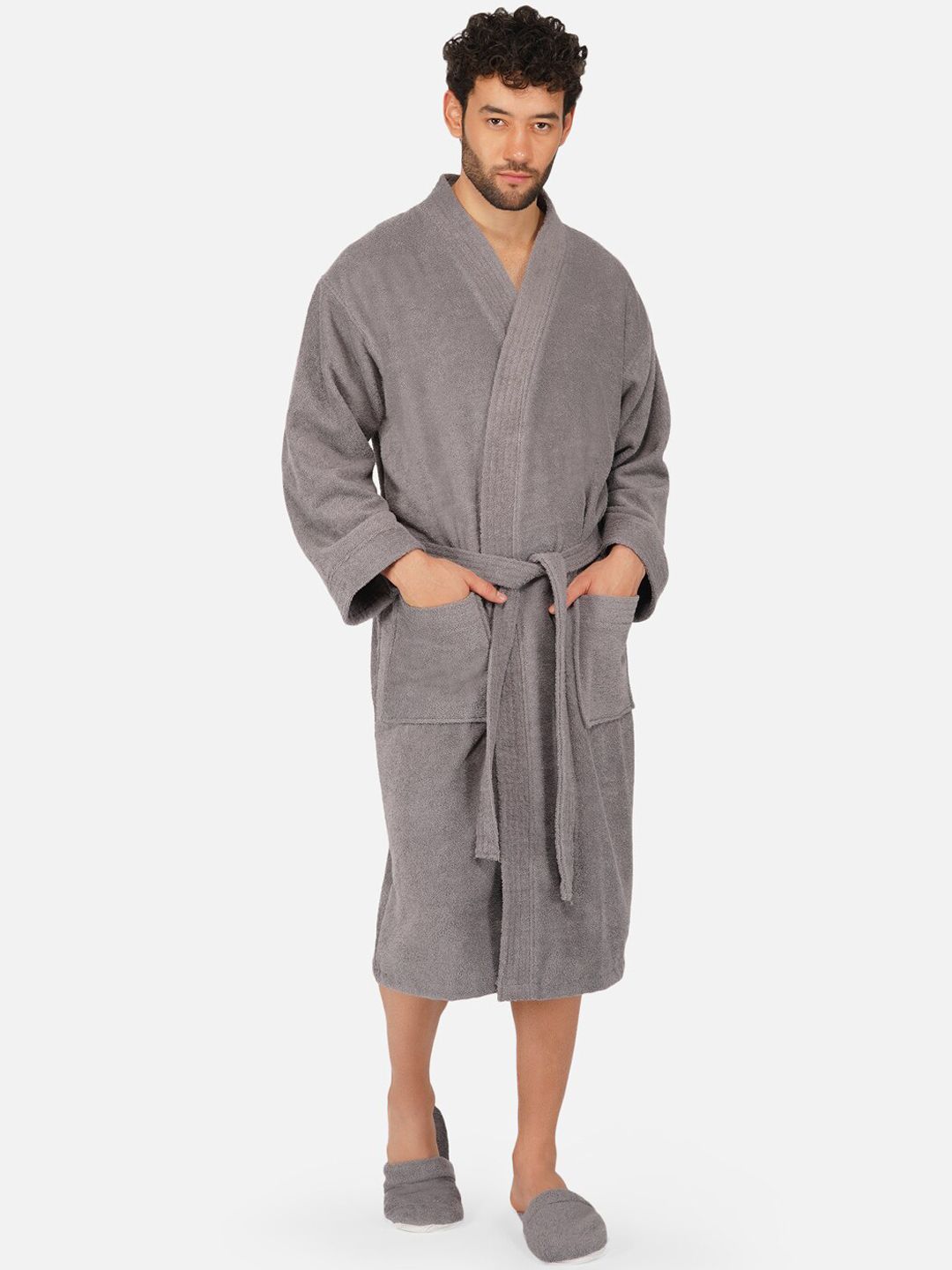 RANGOLI Unisex Grey Pure Cotton 400 GSM Large Bath Robe with Slippers Price in India