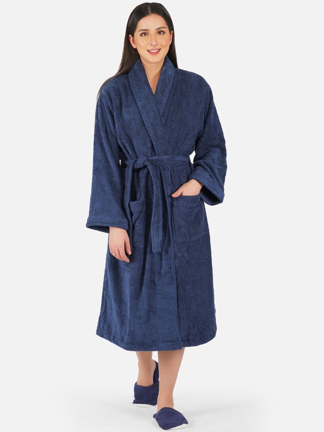 RANGOLI Women Navy Blue Solid Pure Cotton 550 GSM Bath Robe Price in India