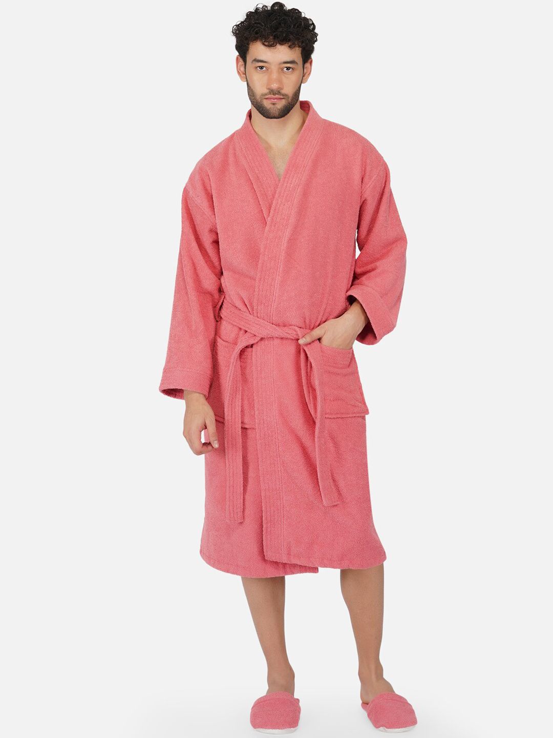 RANGOLI Unisex Coral Pink Pure Cotton 400 GSM Large Bath Robe with Slippers Price in India