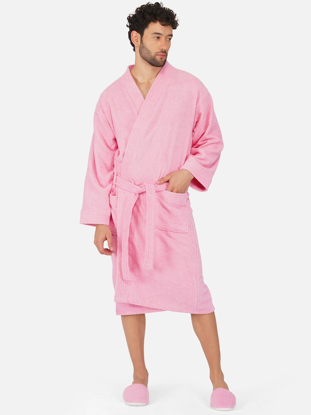 RANGOLI Unisex Pink Pure Cotton 400 GSM Large Bath Robe with Slippers Price in India