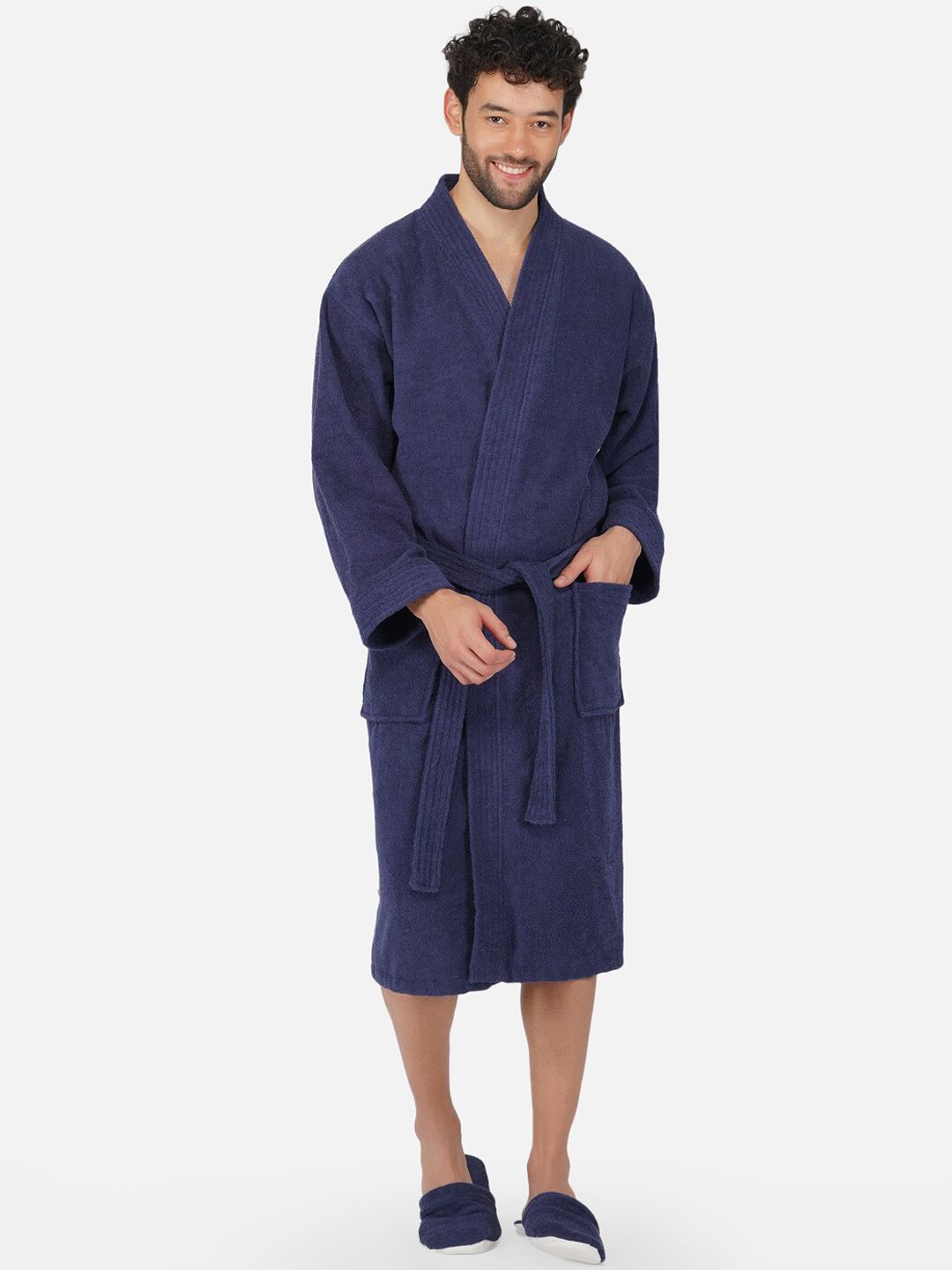 RANGOLI Unisex Navy Blue Pure Cotton 400 GSM Large Bath Robe with Slippers Price in India