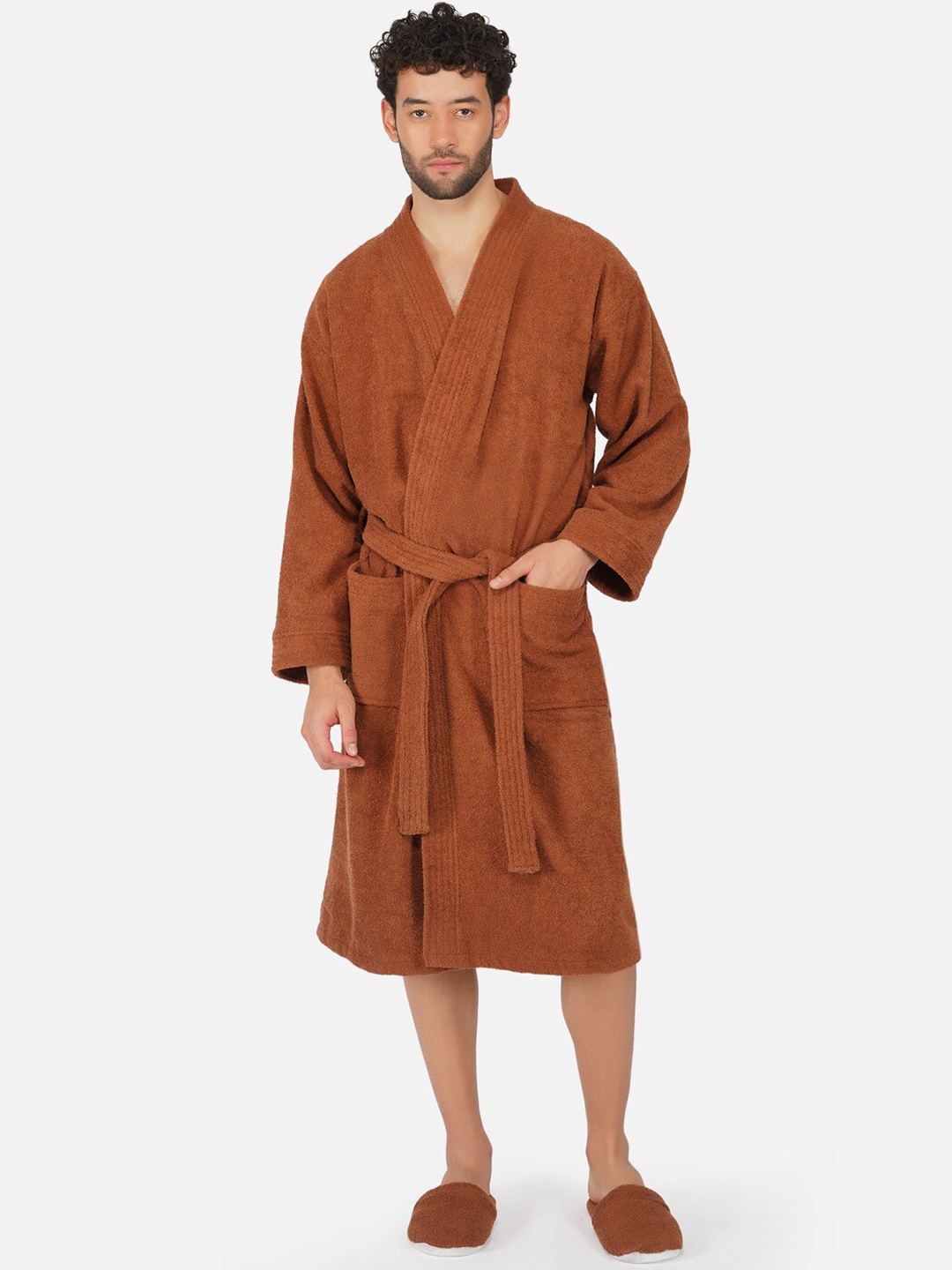 RANGOLI Unisex Brown Pure Cotton 400 GSM Large Bath Robe with Slippers Price in India