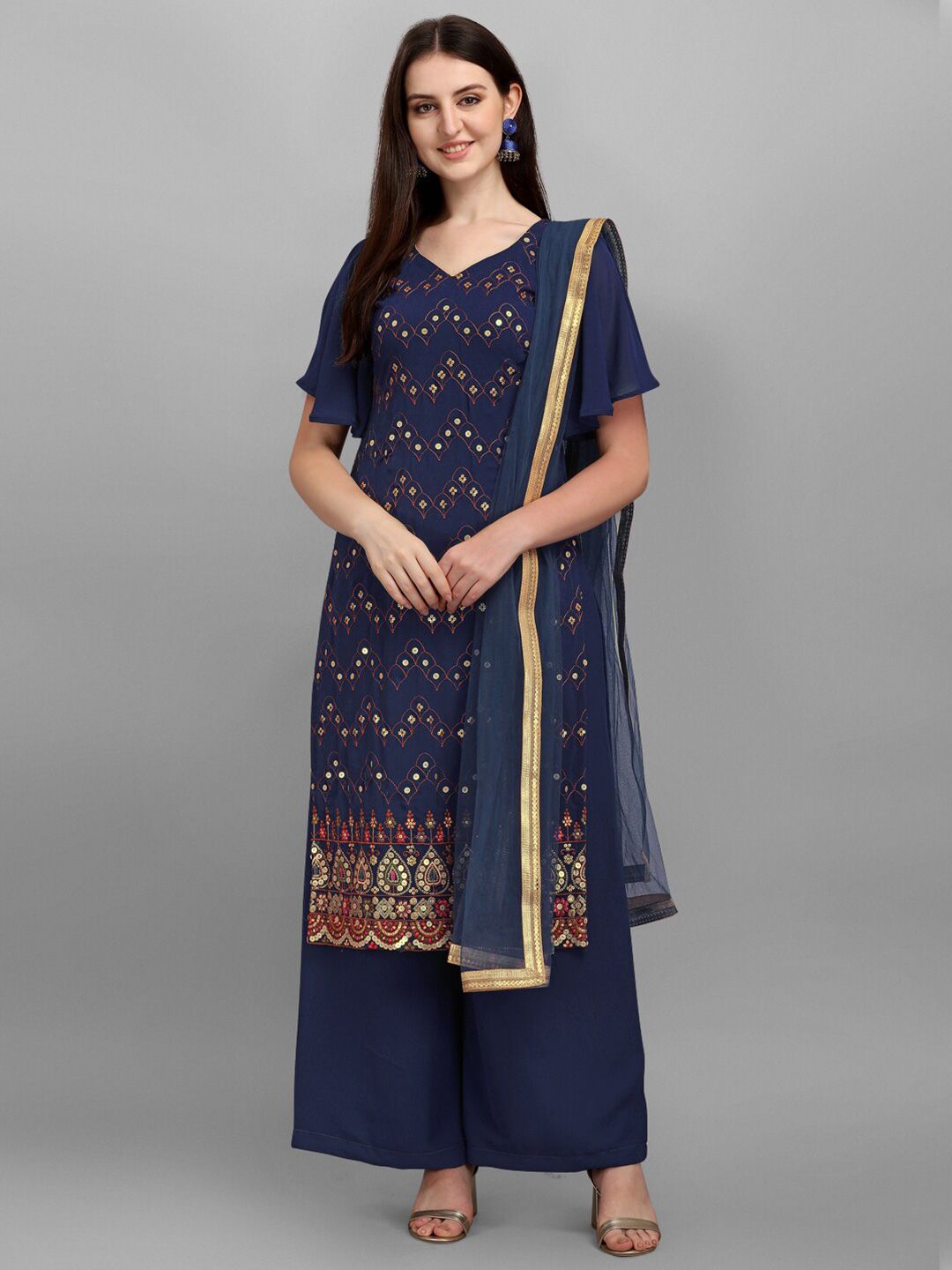 JATRIQQ Blue & Gold-Toned Embroidered Semi-Stitched Dress Material Price in India