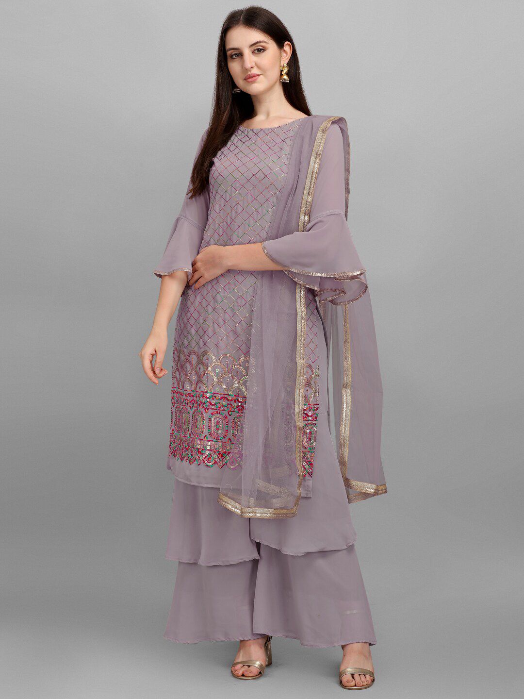 JATRIQQ Women Mauve Embroidered Semi-Stitched Dress Material Price in India