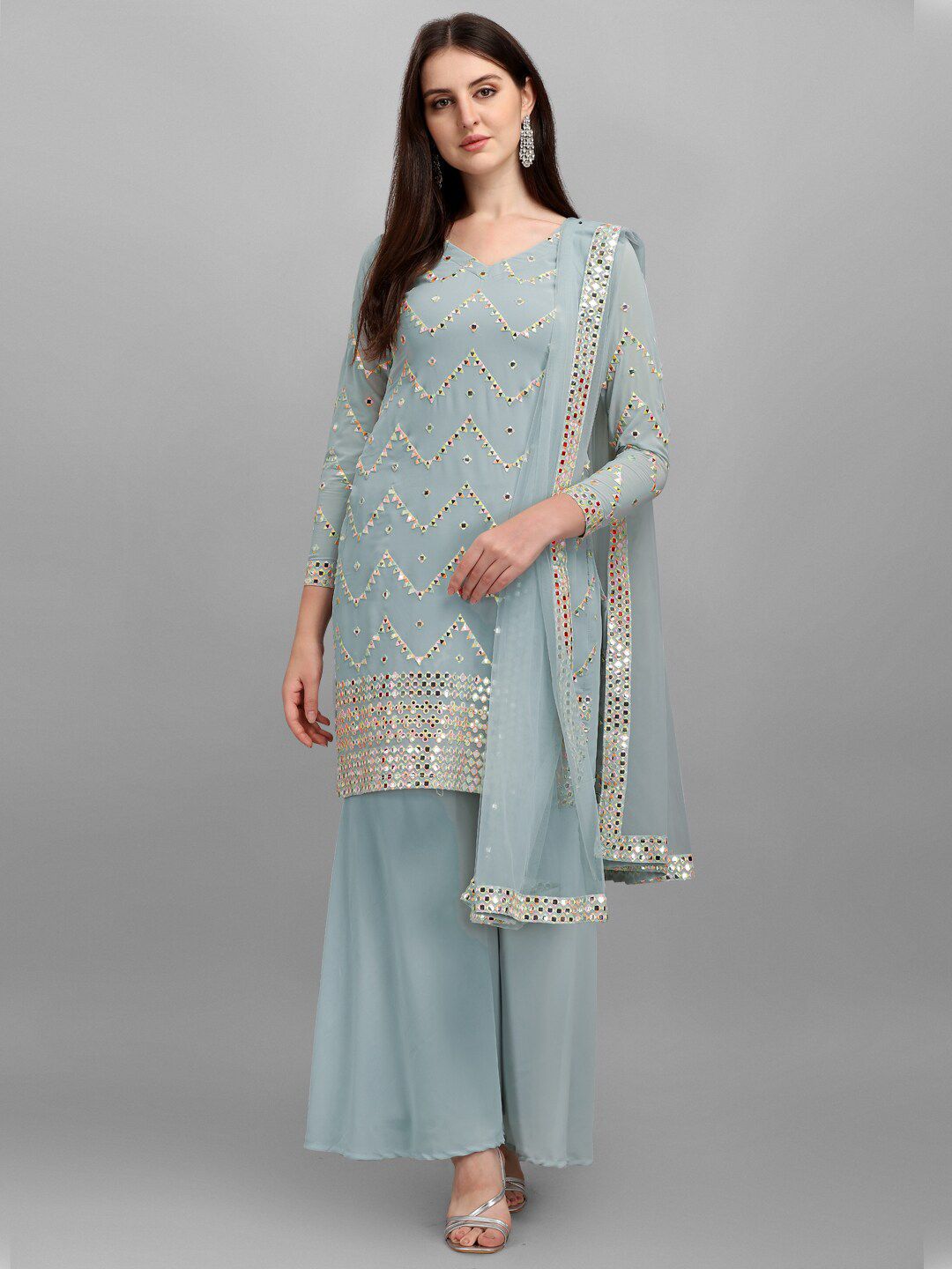 JATRIQQ Women Grey Embroidered Semi-Stitched Dress Material Price in India