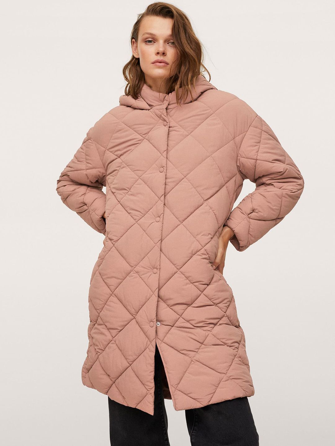 MANGO Women Dusty Pink Solid Longline Quilted Jacket Price in India
