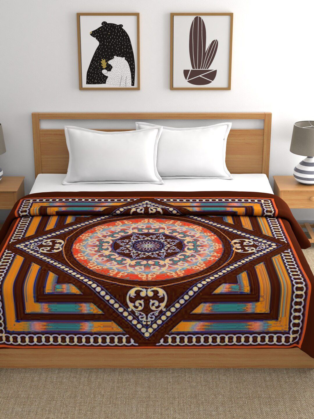 Raymond Home Brown & Blue Ethnic Motifs Mild Winter 400 GSM Double Bed Blanket Price in India