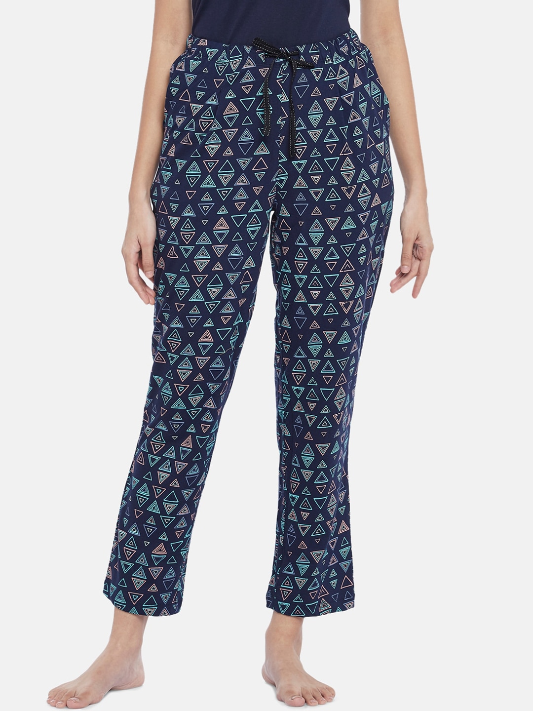 Dreamz by Pantaloons Women Navy Blue & Peach-Coloured Geometric Print Cotton Lounge Pants Price in India