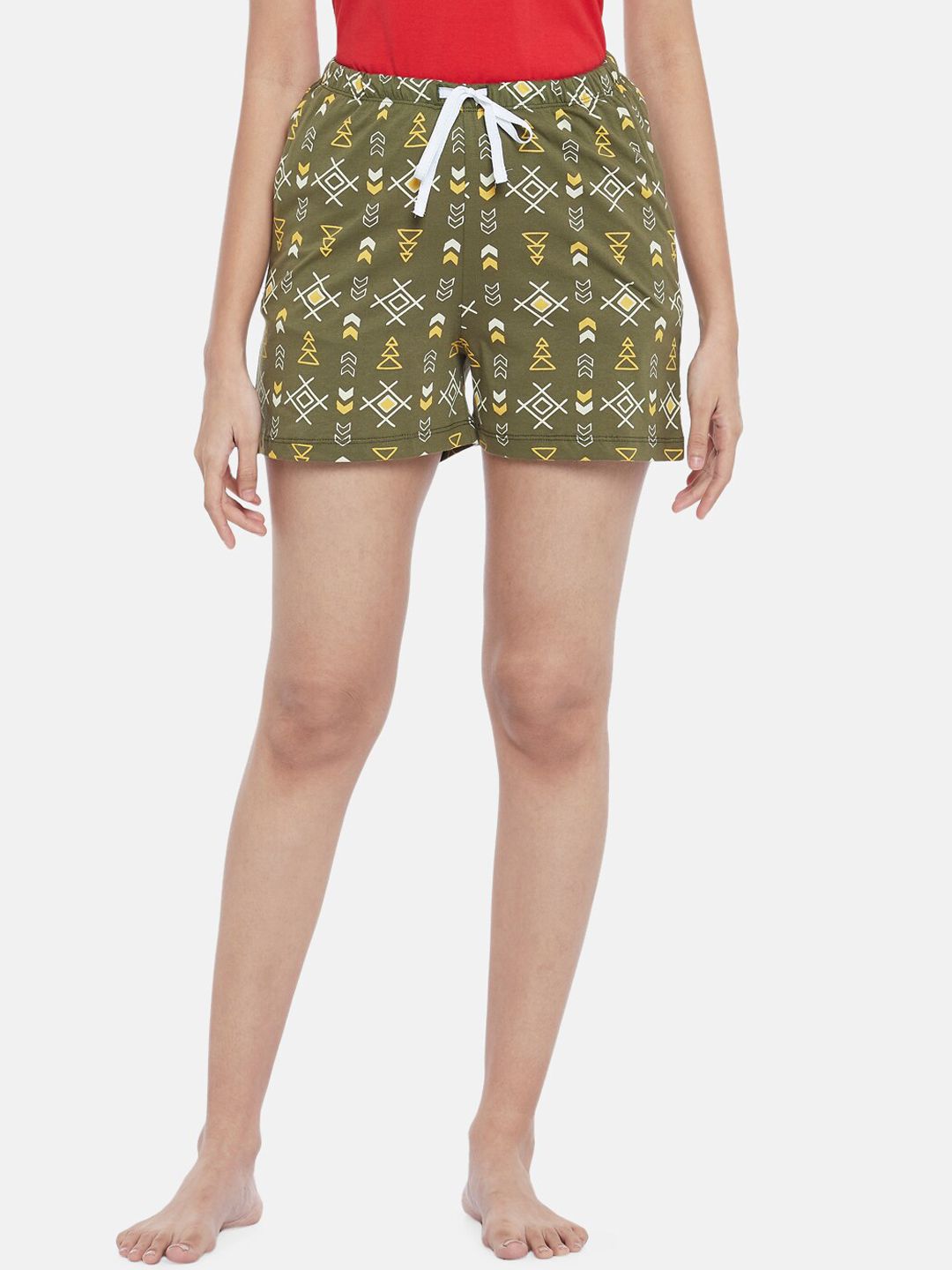 Dreamz by Pantaloons Women Olive Green Printed Pure Cotton Lounge Shorts Price in India