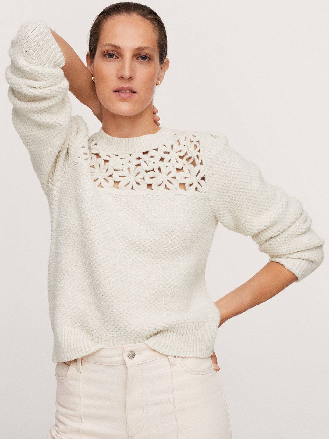 MANGO Women White Floral Knit Pullover Price in India