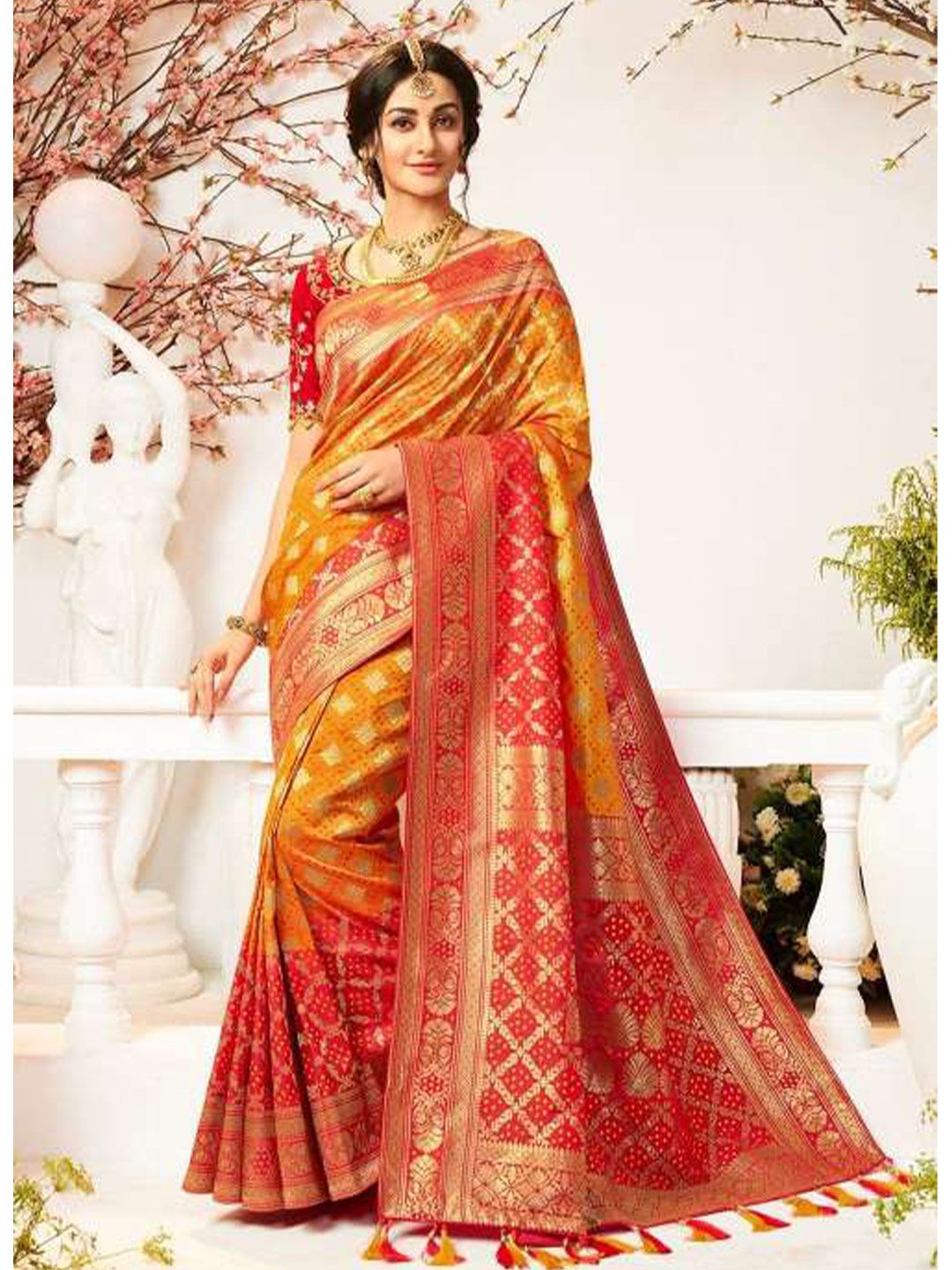 KARAGIRI Red & Orange Ethnic Motifs Zari Silk Blend Banarasi Saree Price in India