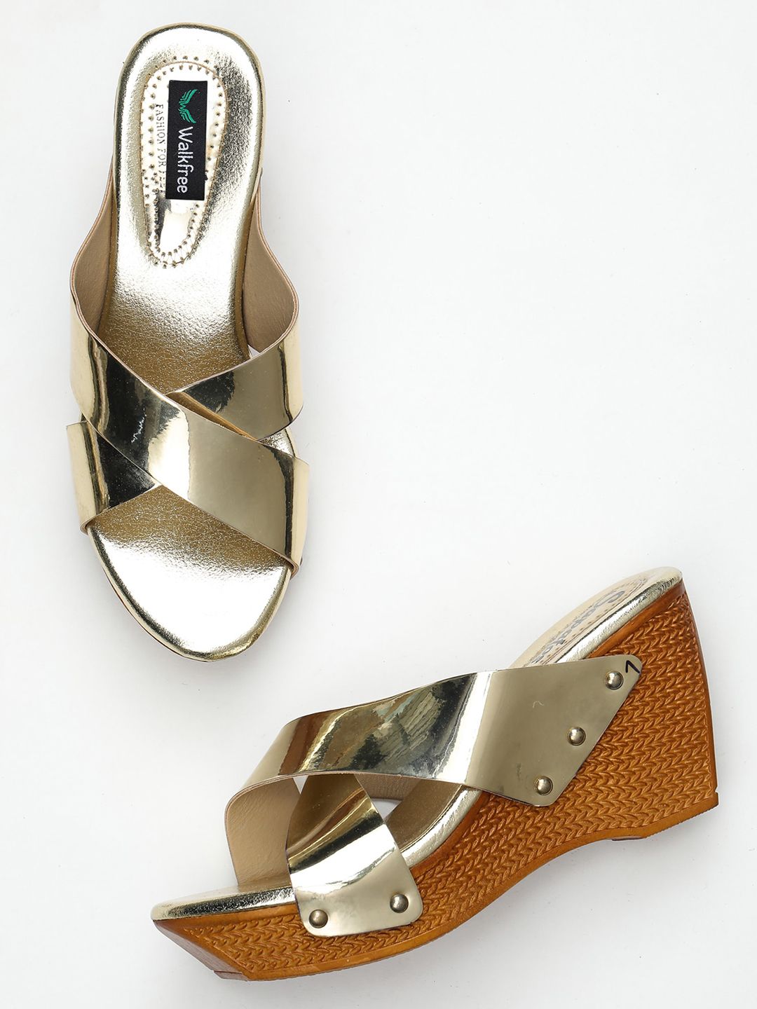 Walkfree Gold-Toned Textured Wedge Sandals with Buckles Price in India