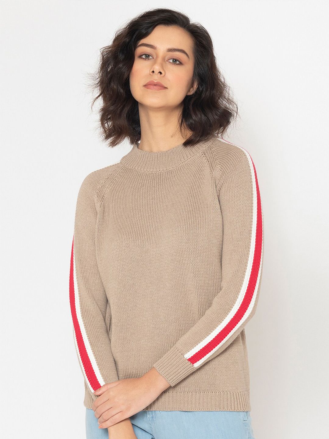 SHAYE Women Camel Brown & Red Pure Cotton Pullover Price in India