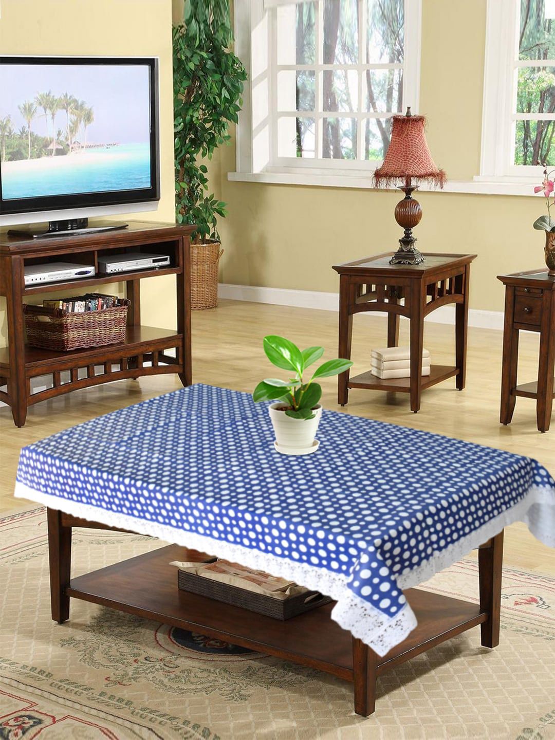 Kuber Industries Blue & White Geometric Printed Table Cover Price in India