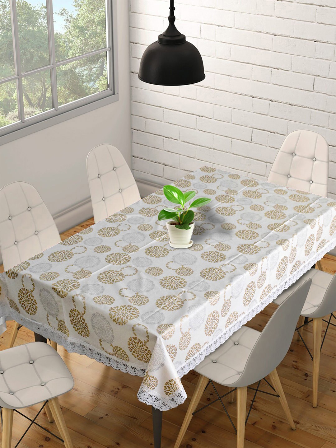 Kuber Industries Cream-Coloured & White Printed 6-Seater Waterproof Cotton Table Cover Price in India