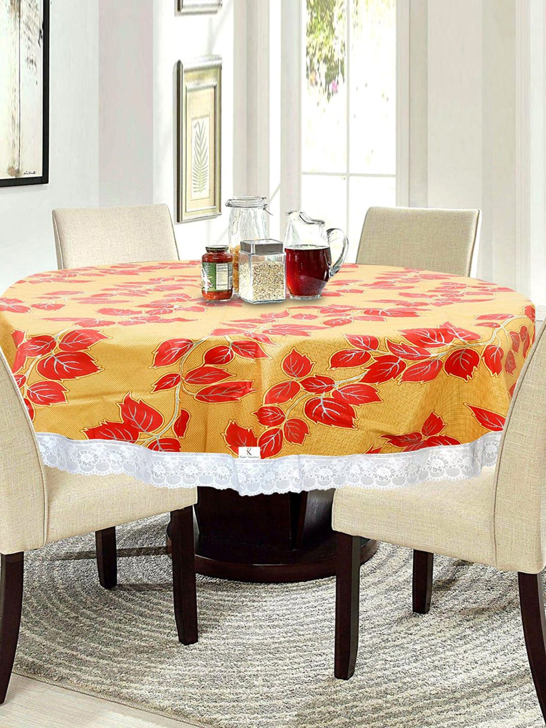Kuber Industries Gold & Red Floral Printed Table Cover Price in India