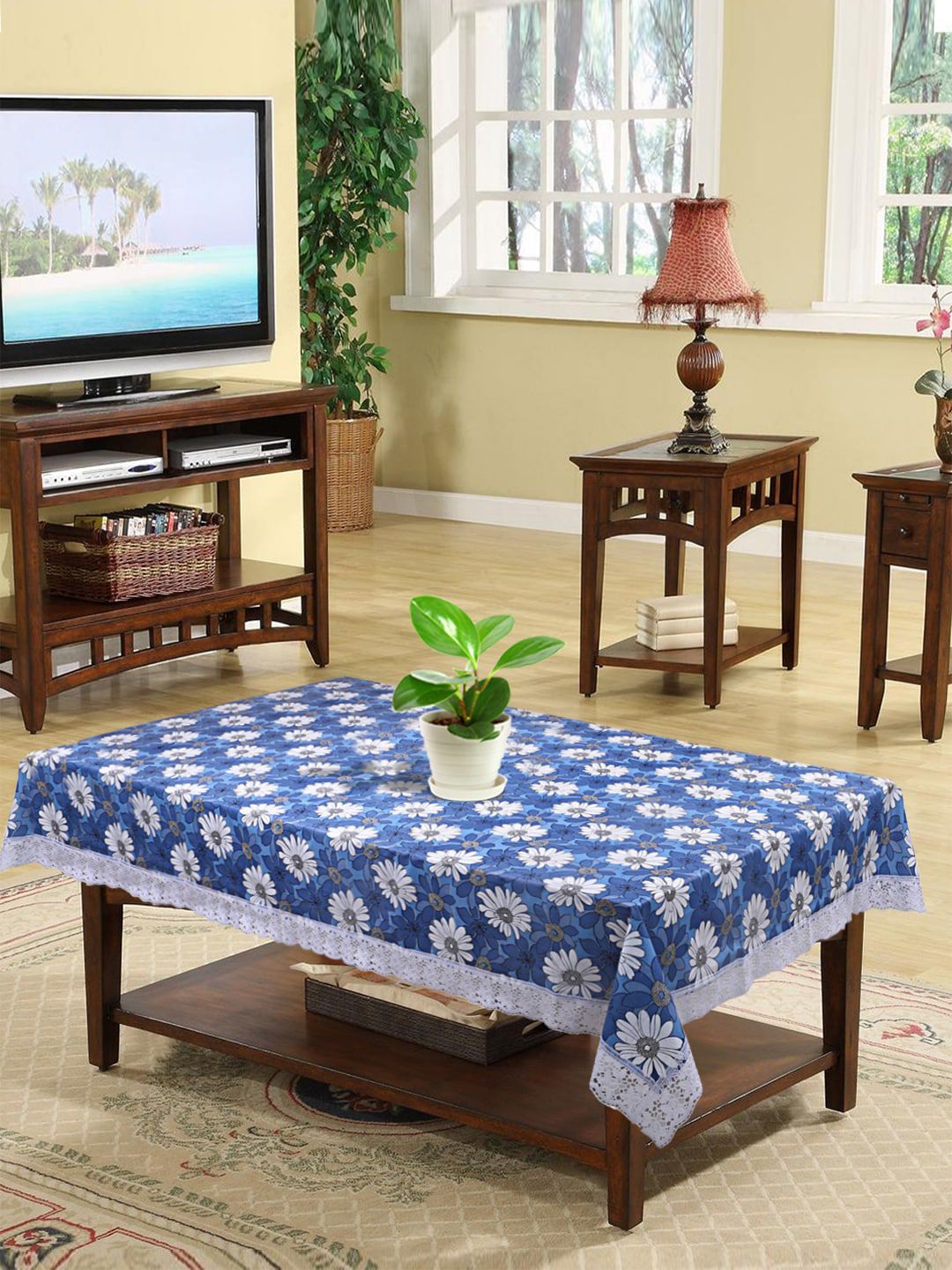 Kuber Industries Blue & White Flower Print 4 Seater Center Table Cover Price in India