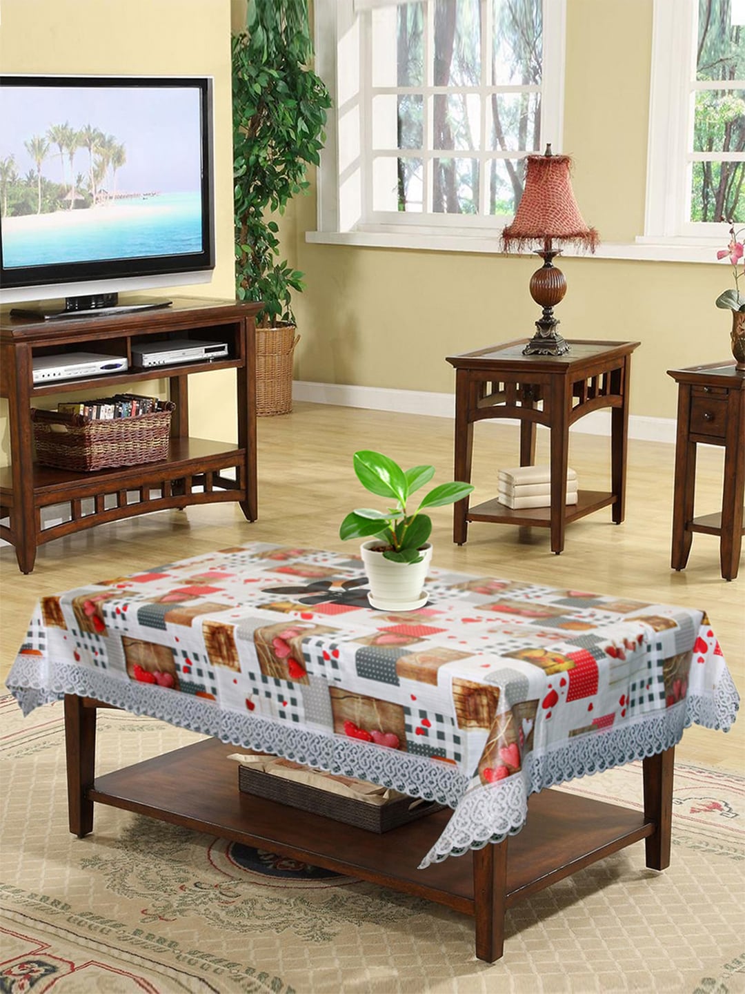 Kuber Industries White & Red Printed 4-Seater Table Cover Price in India