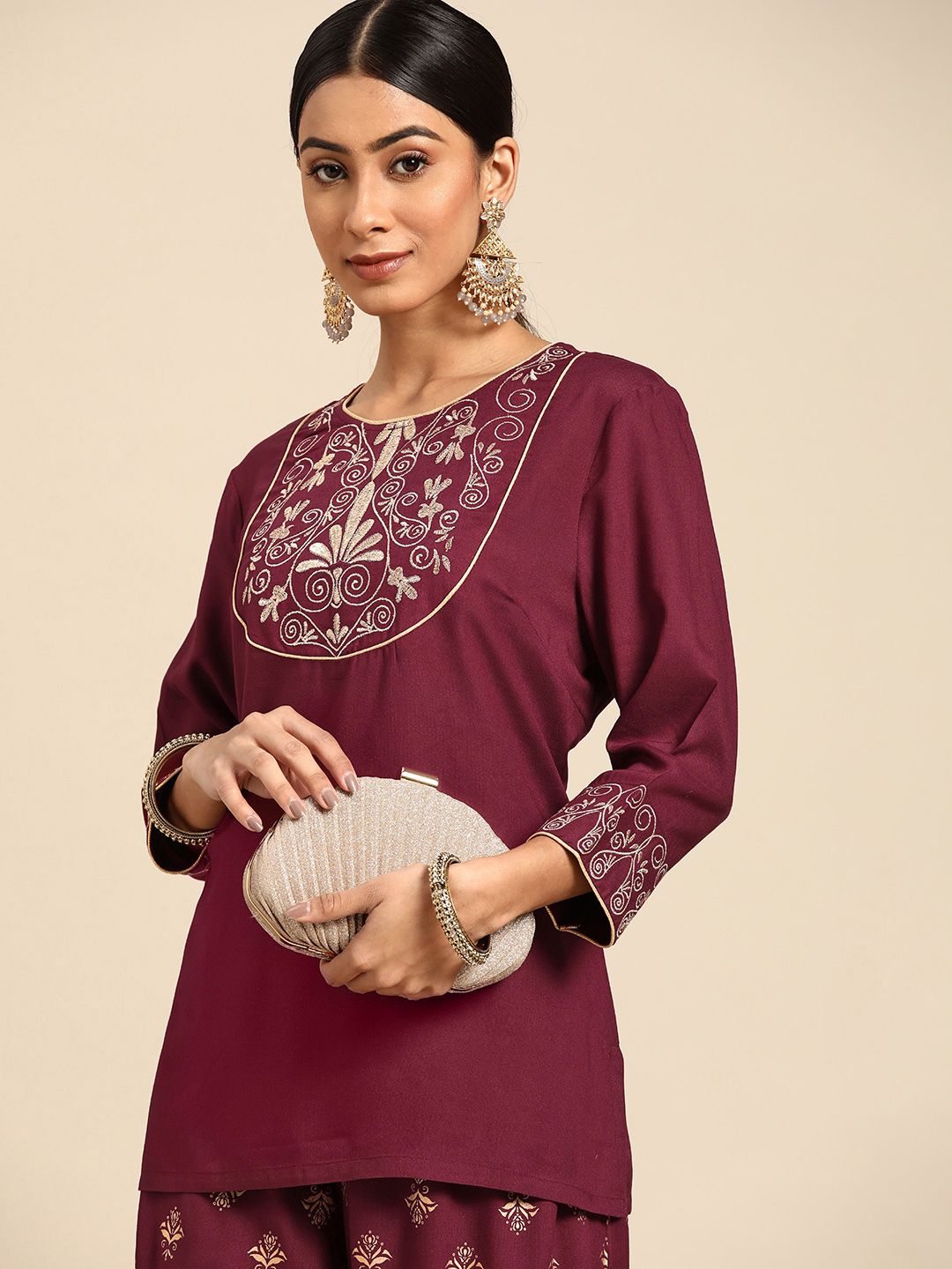 all about you Women Burgundy & Golden Ethnic Motif Printed Kurti with Palazzo Price in India