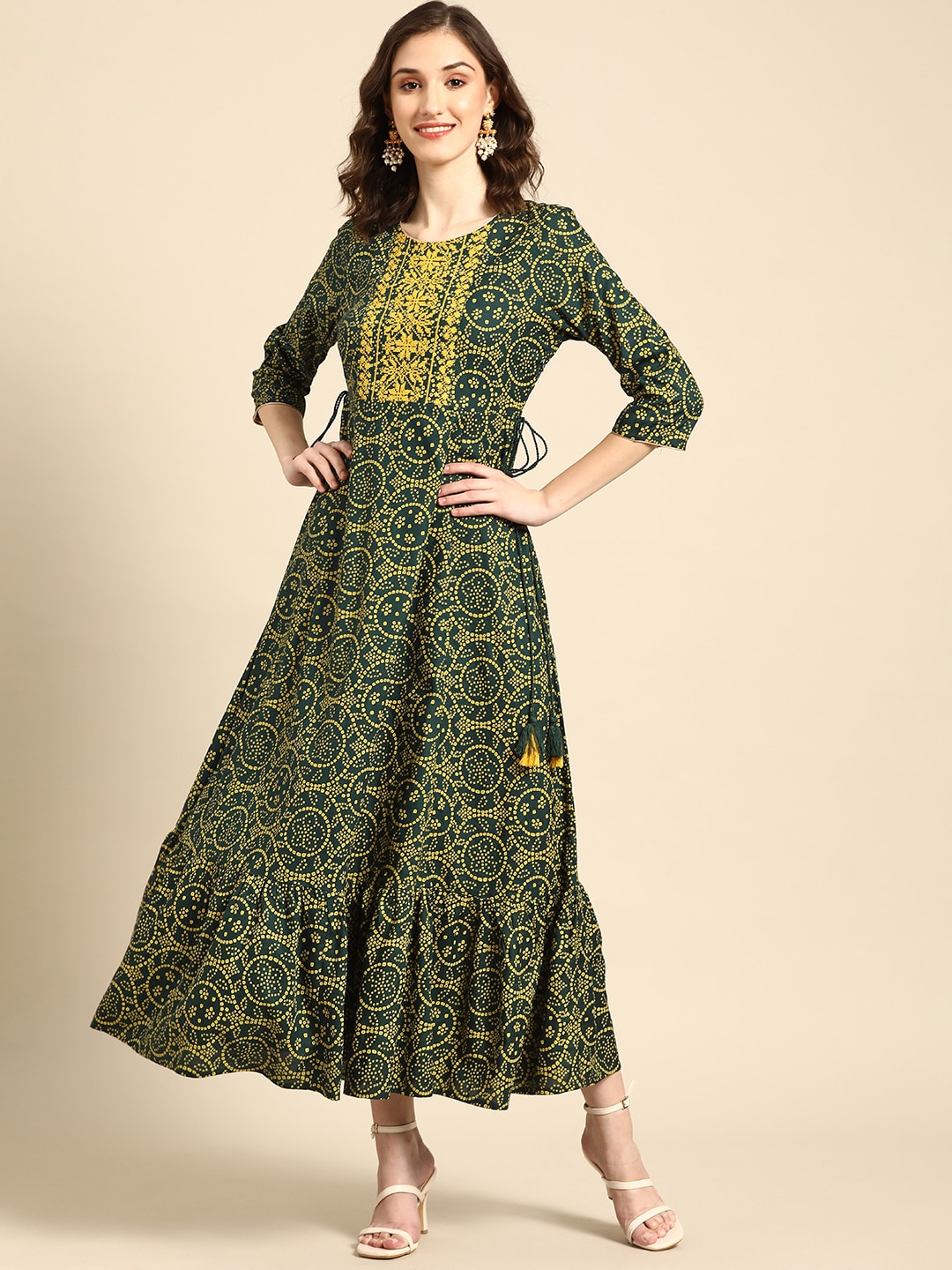 all about you Women Green Ethnic Motifs Print Flounce Hem A-Line Maxi Dress