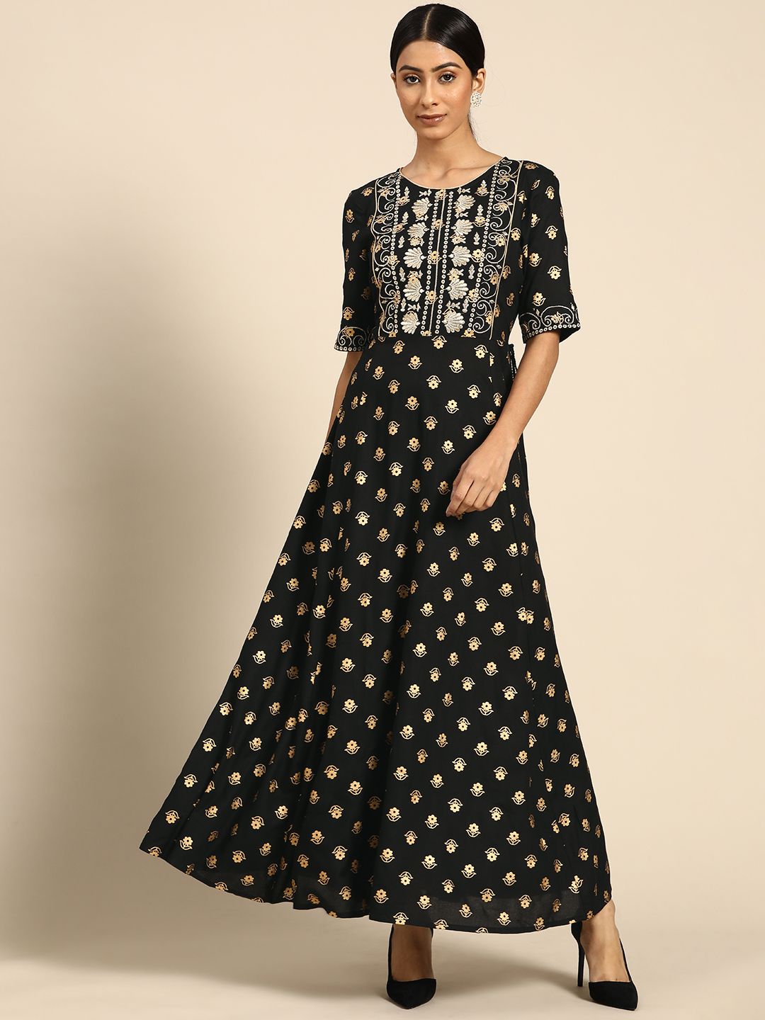 all about you Black & Gold-Toned Floral Ethnic A-Line Maxi Dress Price in India