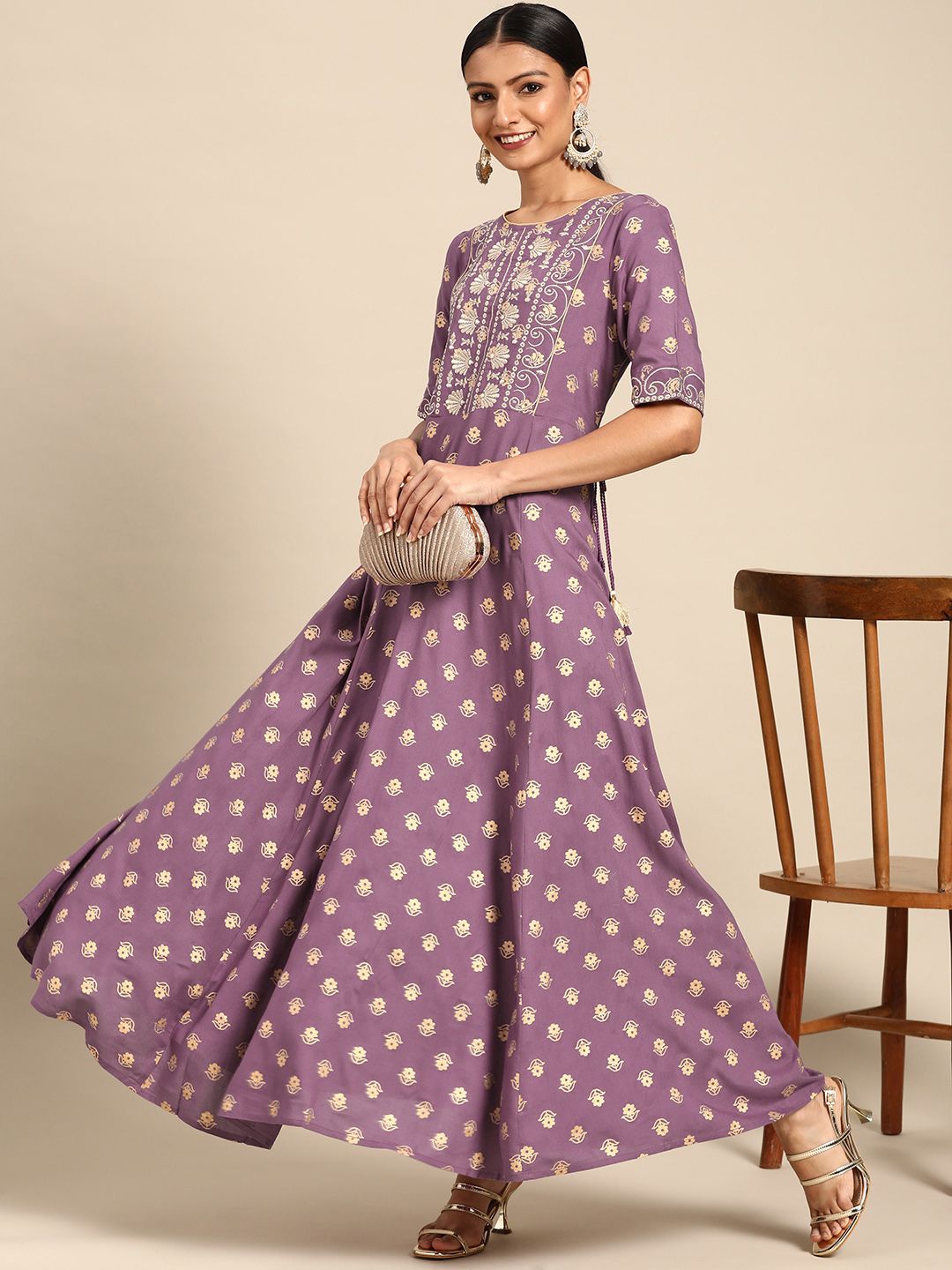 all about you Women Lavender & Gold-Toned Floral Printed A-Line Maxi Ethnic Dress Price in India