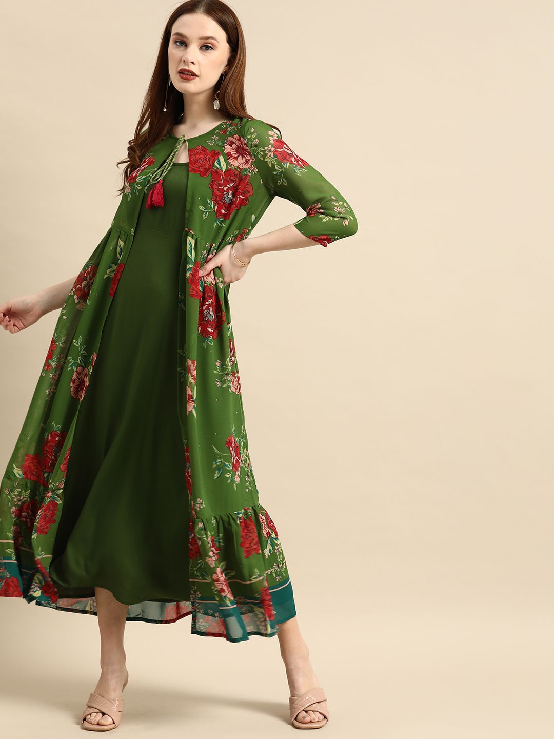all about you Women Green & Red Floral Printed Layered Kurta Price in India
