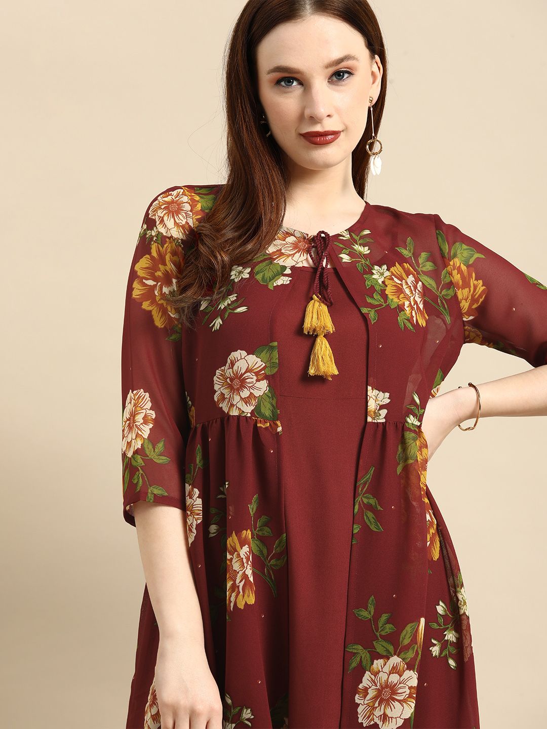 all about you Women Maroon & Green Floral Printed Layered Kurta Price in India