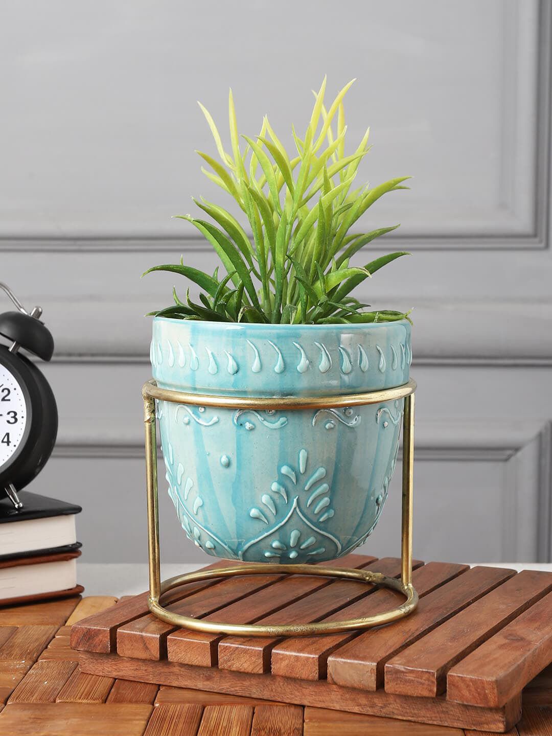 MIAH Decor Teal Blue & Gold-Toned Textured Ceramic Planter With Stand Price in India