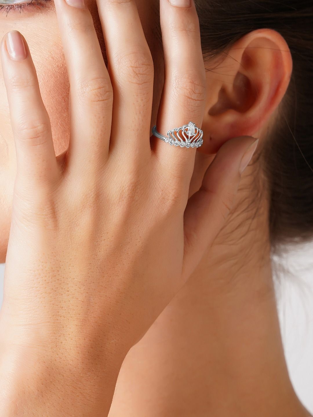 AMI Silver-Plated White CZ-Studded Adjustable Finger Ring Price in India