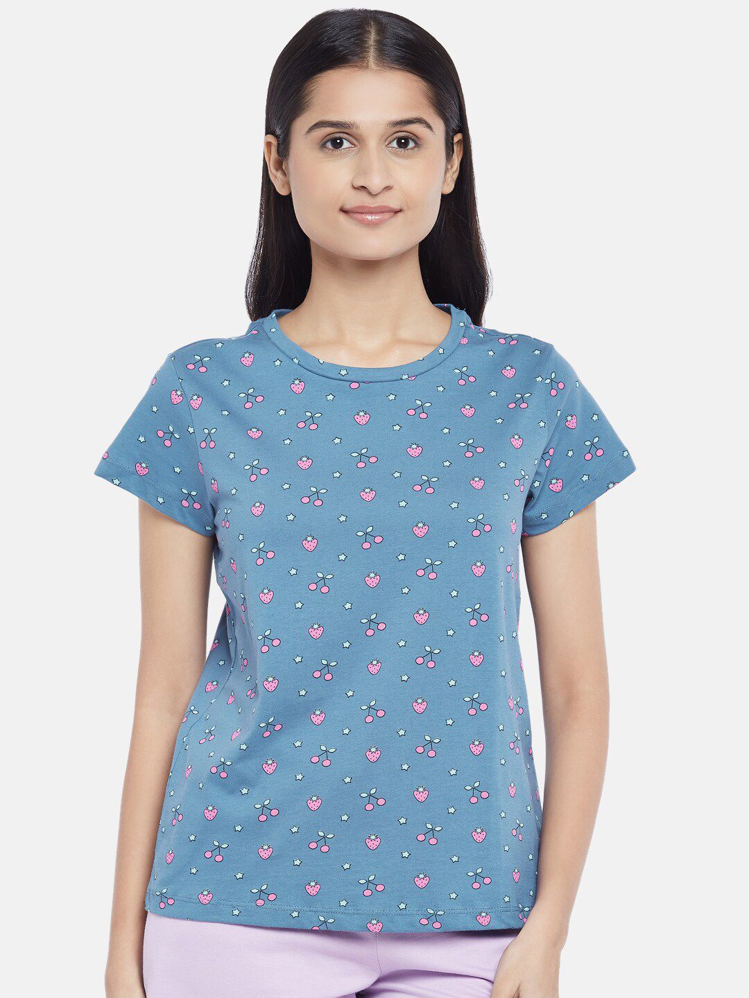Dreamz by Pantaloons Women Navy Blue Printed Pure Cotton Lounge T-shirt Price in India