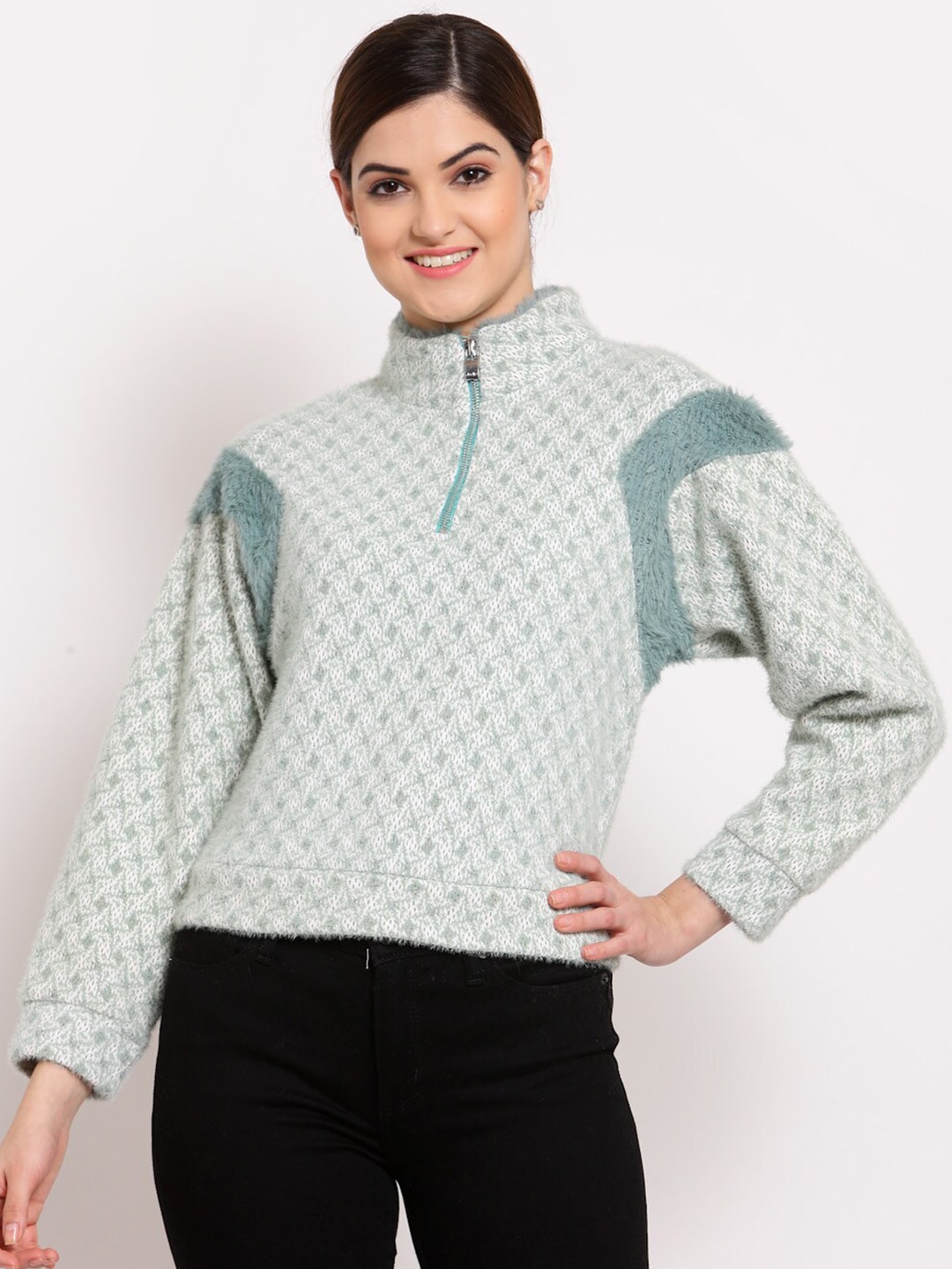Juelle Women Green Self Design High Neck Pullover Price in India