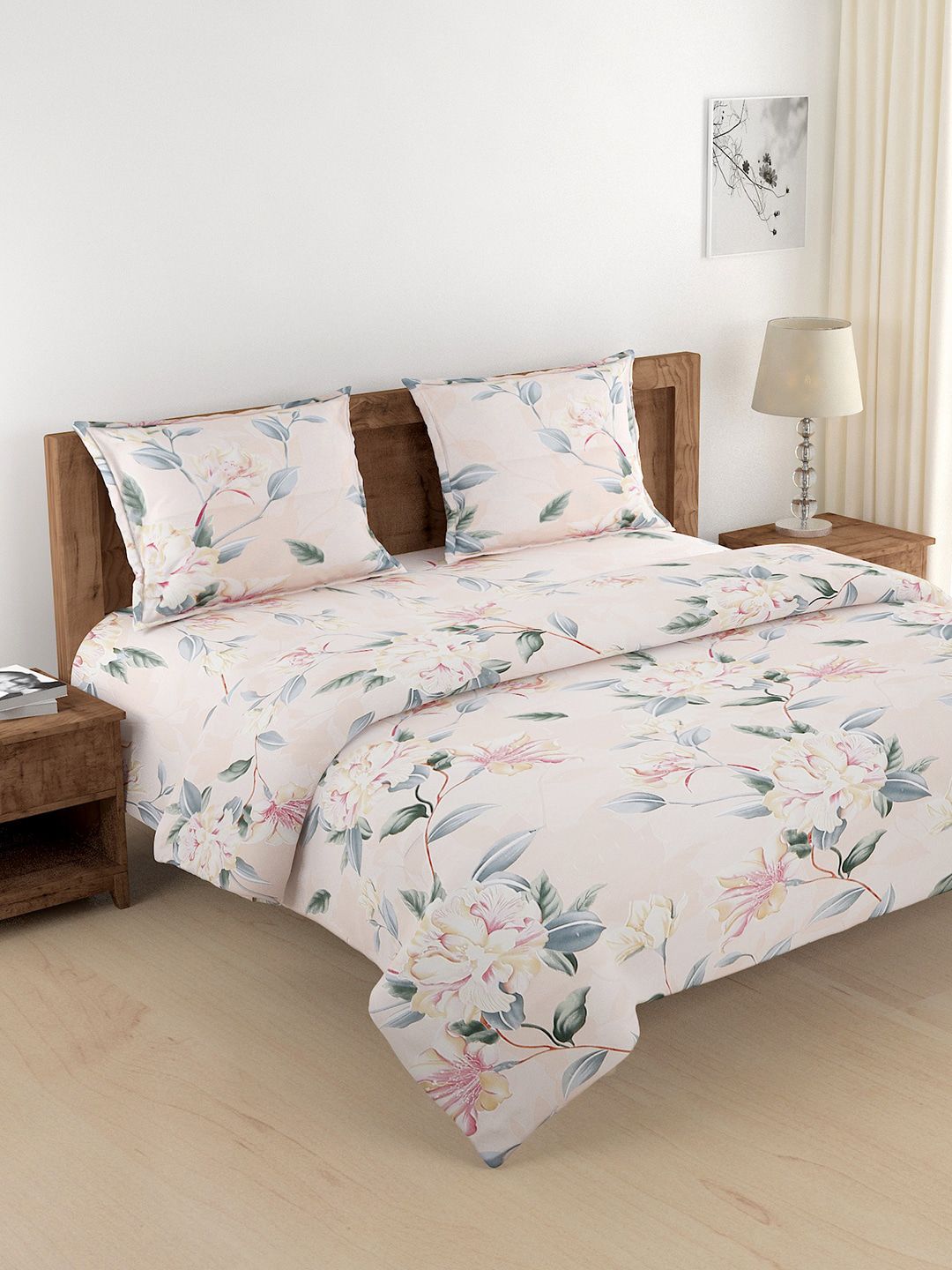 SWAYAM Peach-Coloured & Green Floral Printed Cotton 180 TC Double King Bedding Set Price in India